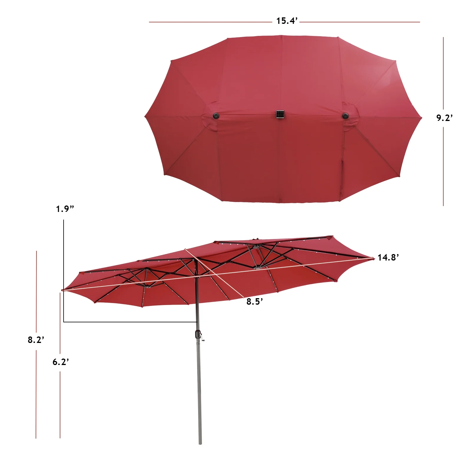 15 Feet Twin Patio Umbrella, 48 Solar LED Lights, Dark Red - Image 6