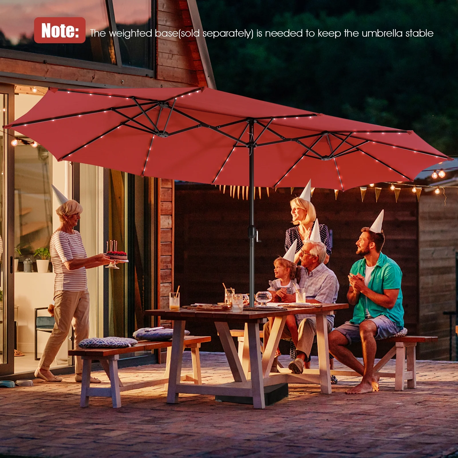 15 Feet Twin Patio Umbrella, 48 Solar LED Lights, Dark Red - Image 7