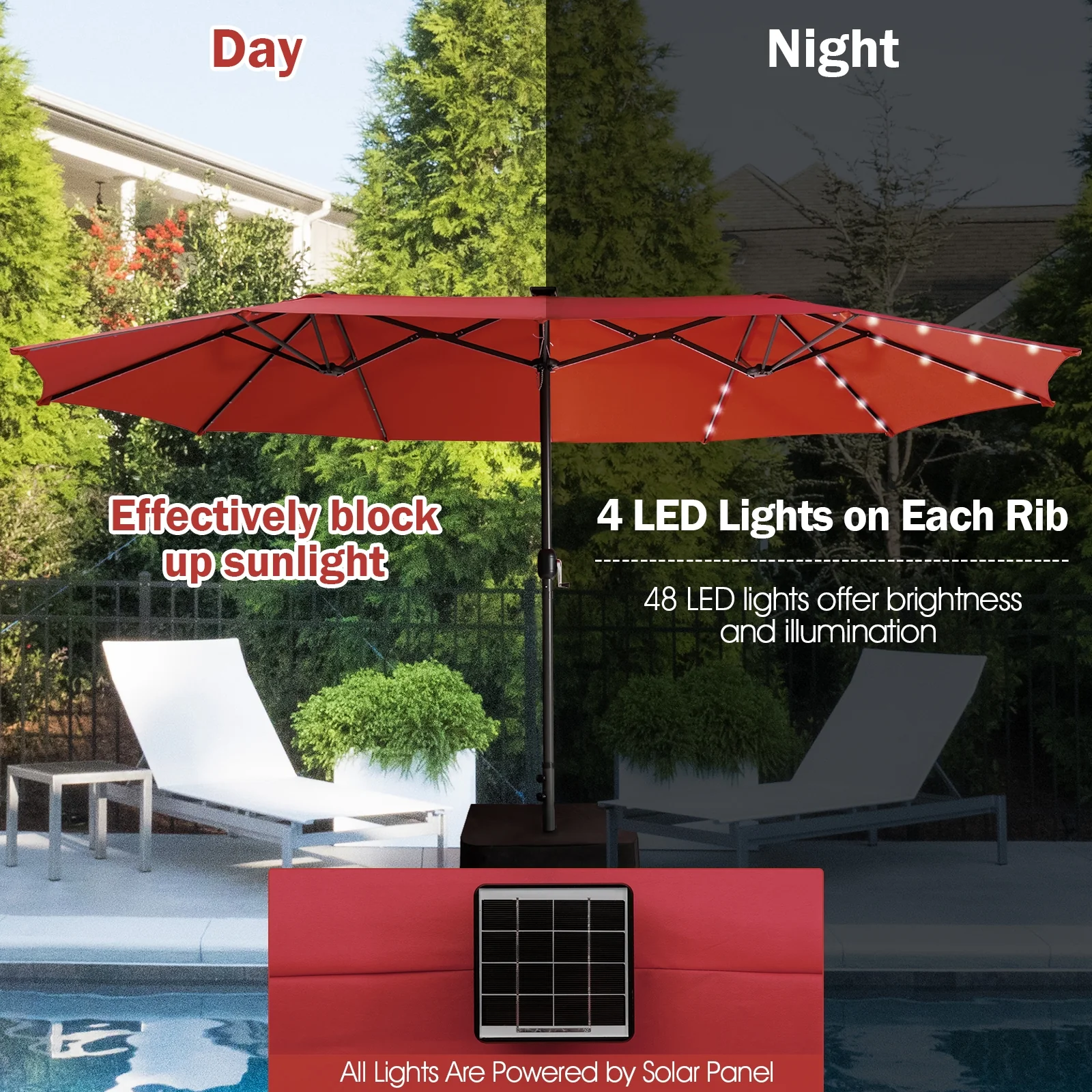15 Feet Twin Patio Umbrella, 48 Solar LED Lights, Dark Red - Image 8