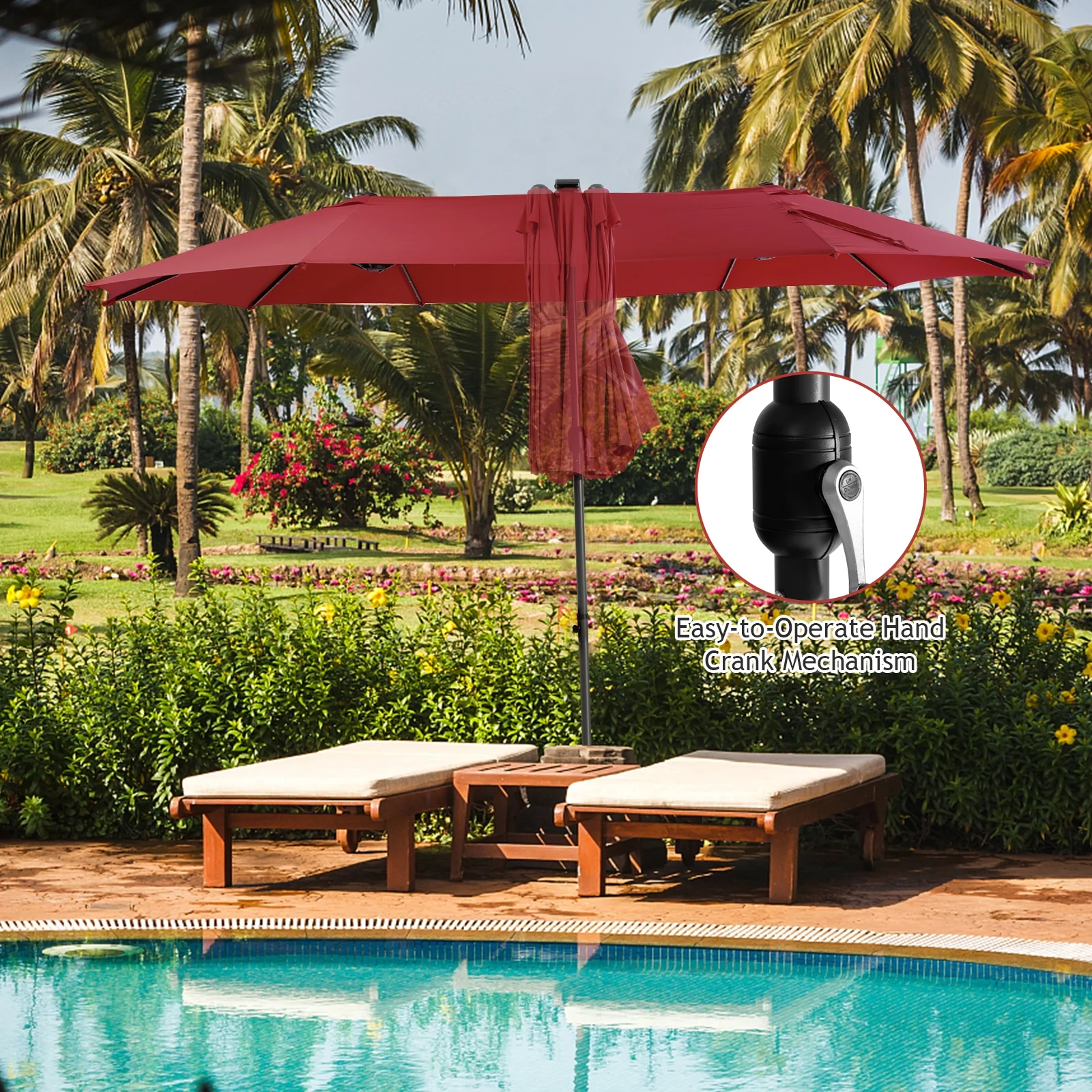 15 Feet Twin Patio Umbrella, 48 Solar LED Lights, Dark Red - Image 9