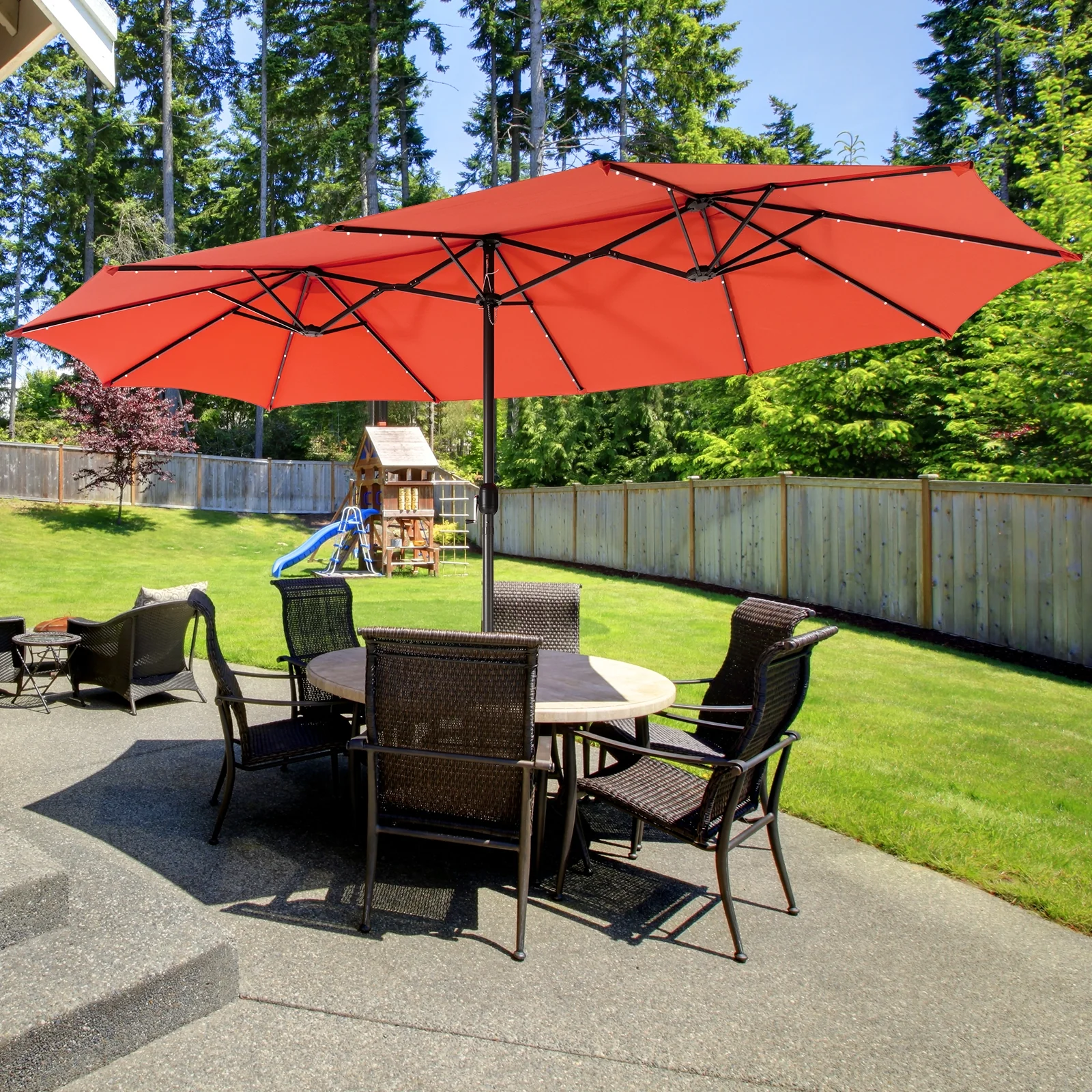 15 Feet Twin Patio Umbrella, 48 Solar LED Lights, Orange - Image 2