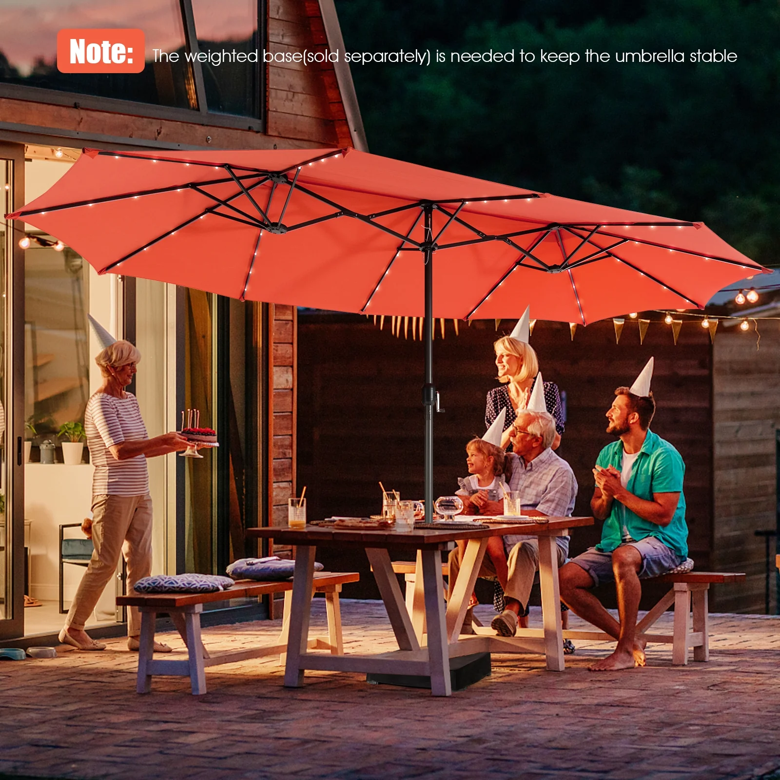 15 Feet Twin Patio Umbrella, 48 Solar LED Lights, Orange - Image 3
