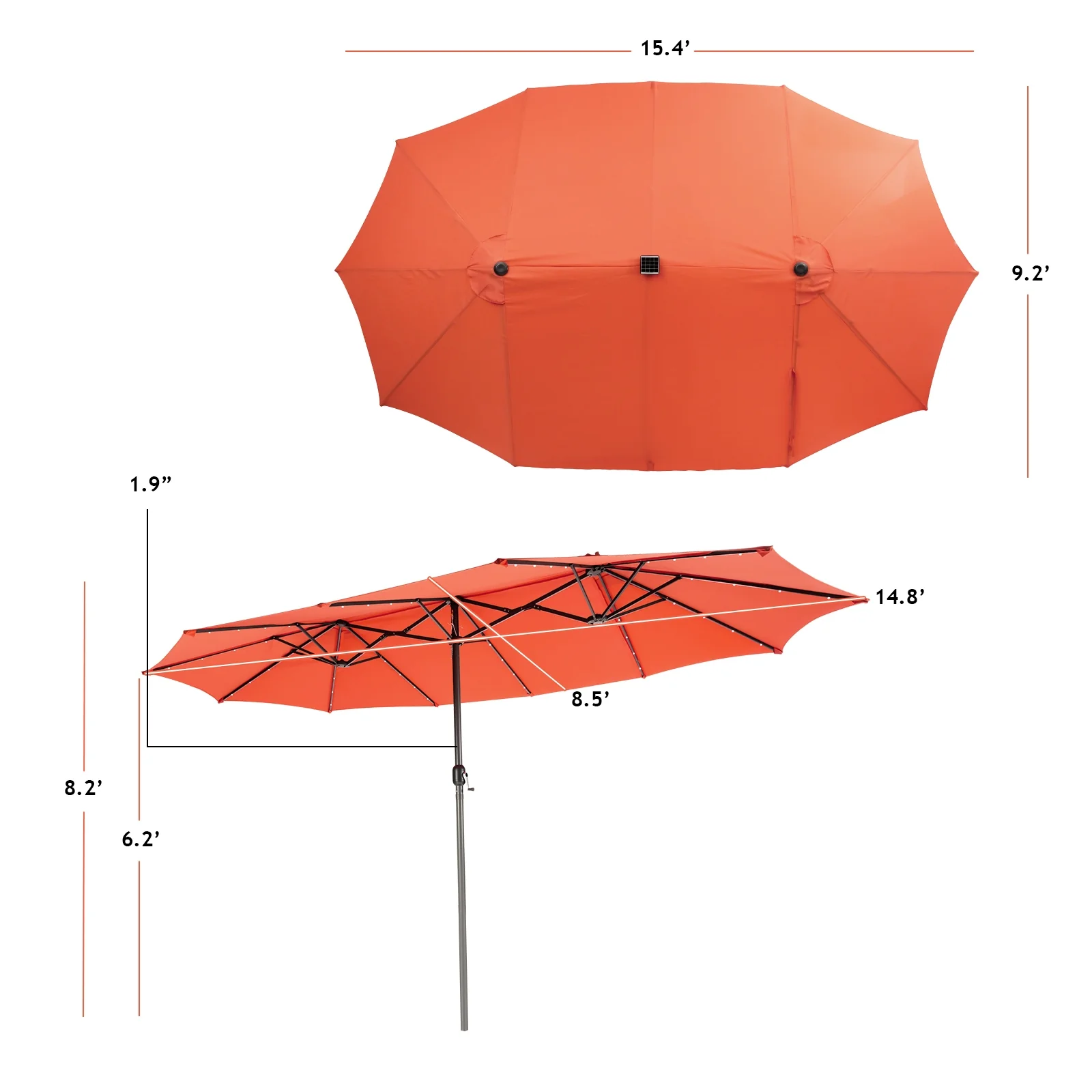 15 Feet Twin Patio Umbrella, 48 Solar LED Lights, Orange - Image 6