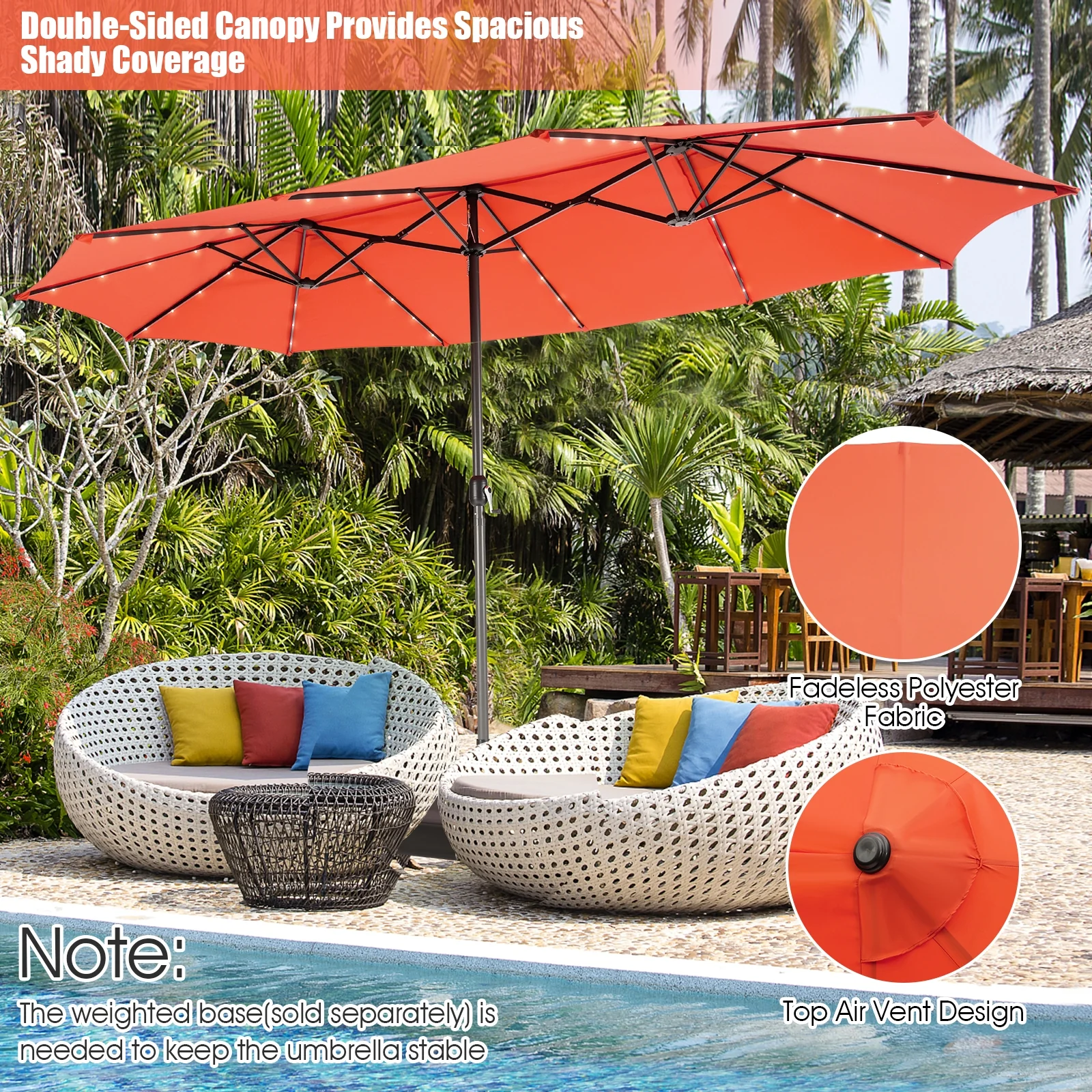 15 Feet Twin Patio Umbrella, 48 Solar LED Lights, Orange - Image 7
