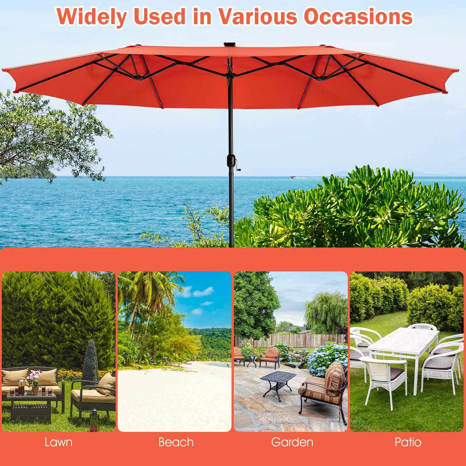 15 Feet Twin Patio Umbrella, 48 Solar LED Lights, Orange - Image 8