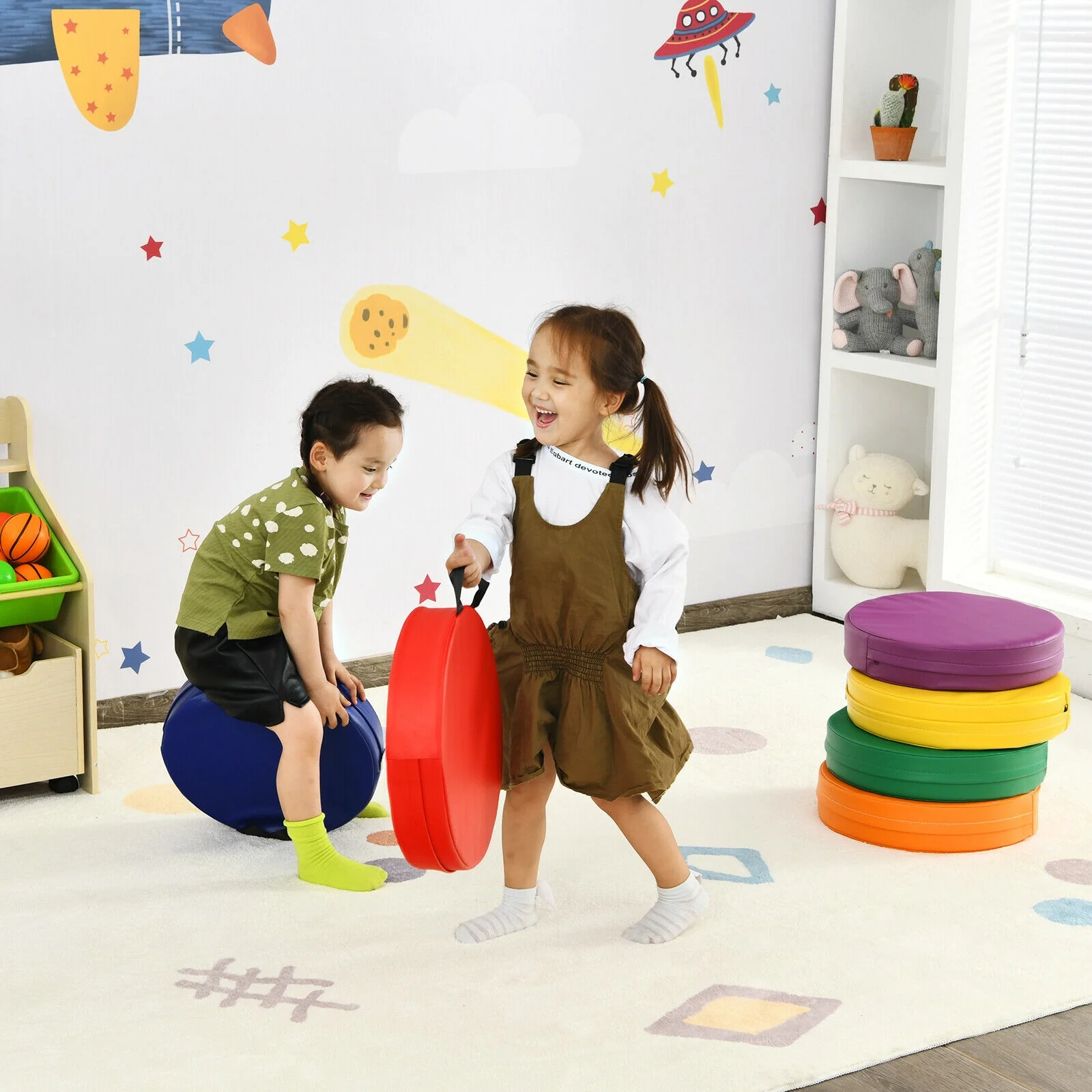 15 Inch Round Toddler Floor Cushions, 6 Pieces, Multicolor - Image 2
