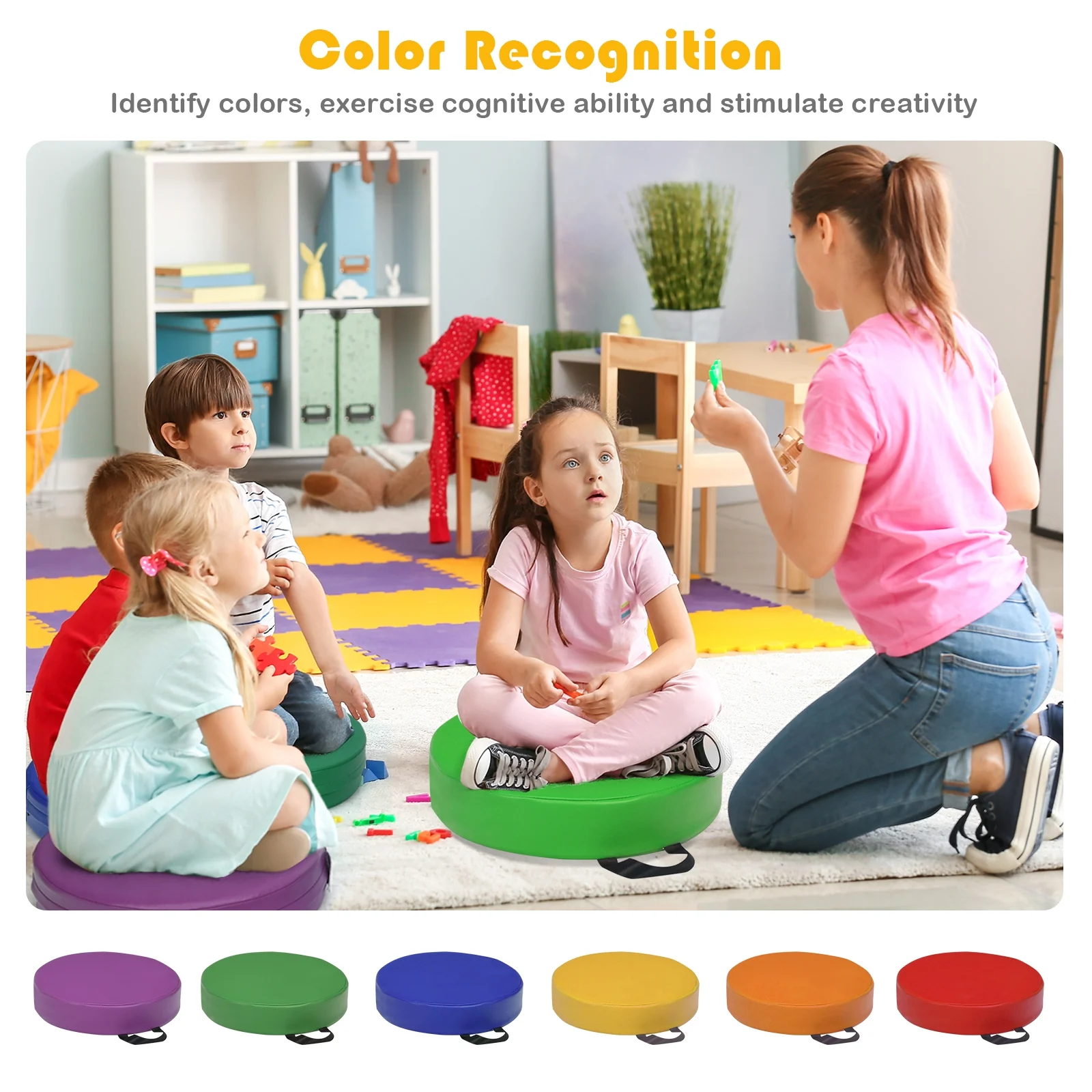 15 Inch Round Toddler Floor Cushions, 6 Pieces, Multicolor - Image 8