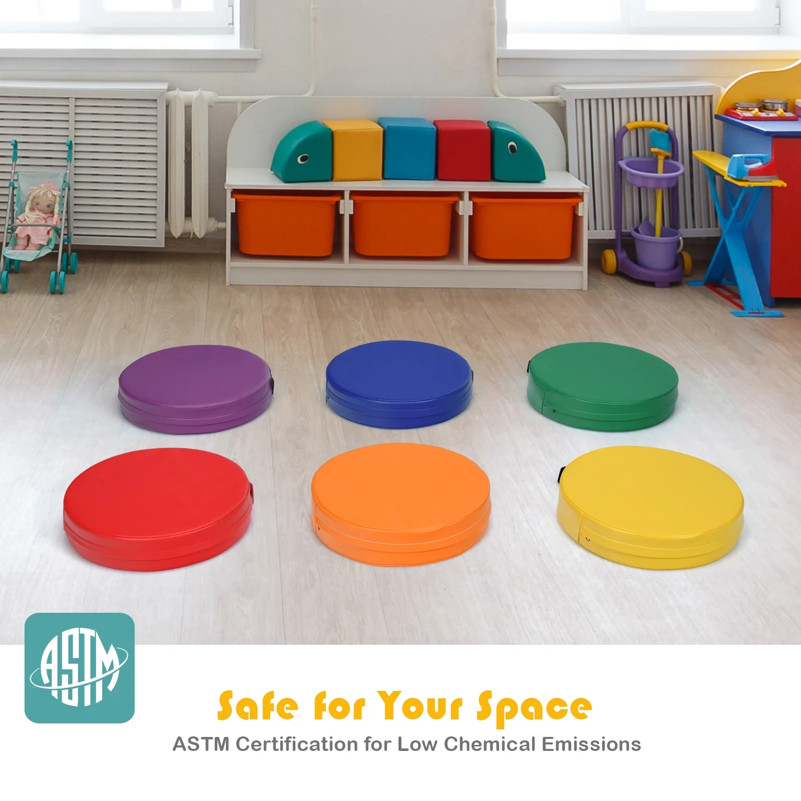 15 Inch Round Toddler Floor Cushions, 6 Pieces, Multicolor - Image 9