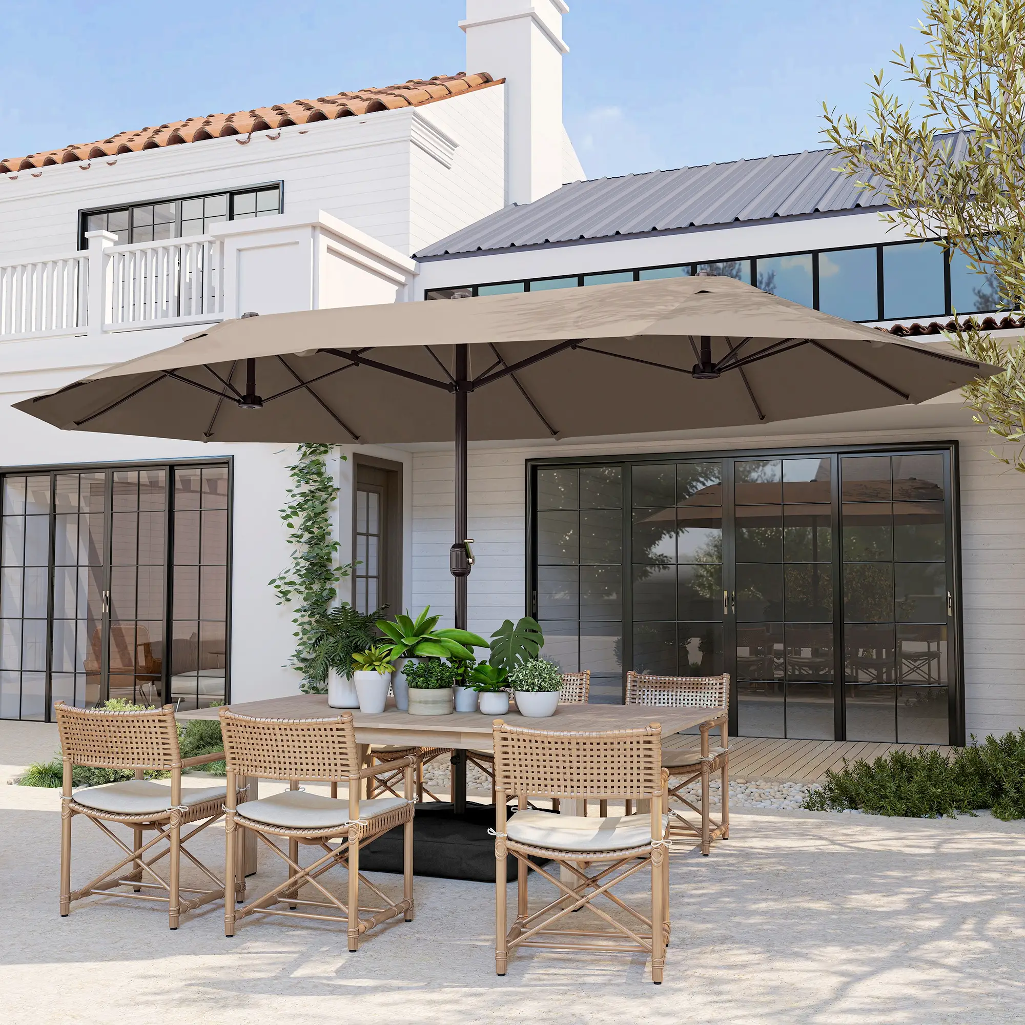 15' Outdoor Patio Umbrella, Twin Canopy, Lift Crank, Brown - Image 10