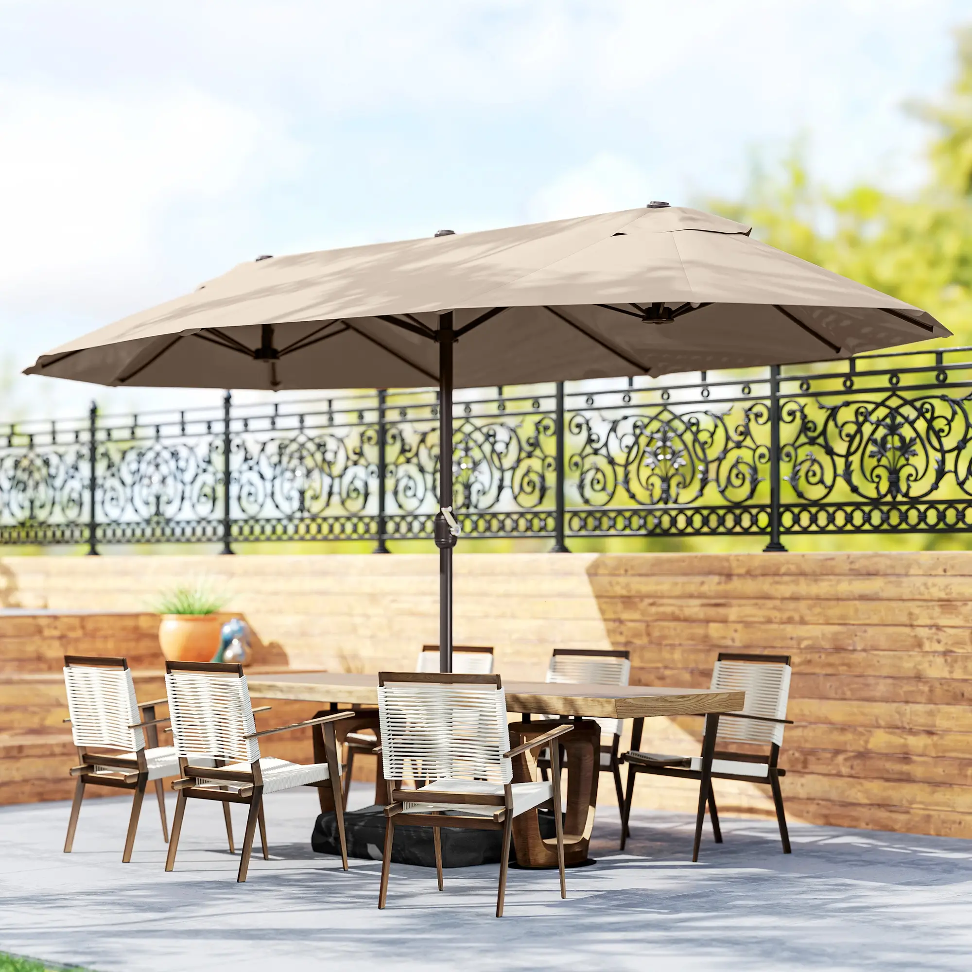 15' Outdoor Patio Umbrella, Twin Canopy, Lift Crank, Brown - Image 2