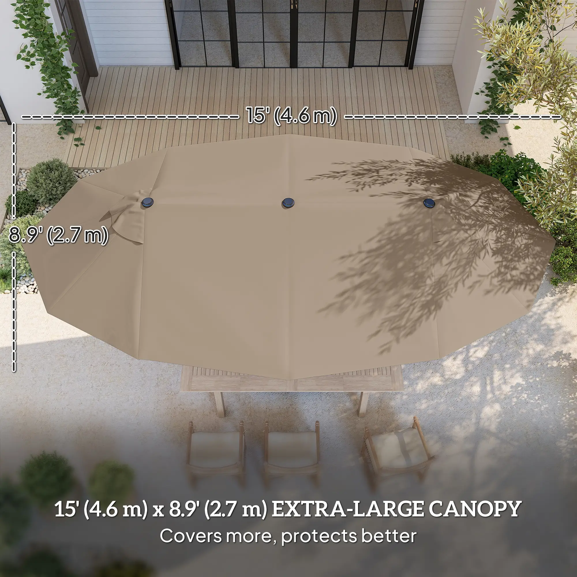 15' Outdoor Patio Umbrella, Twin Canopy, Lift Crank, Brown - Image 4