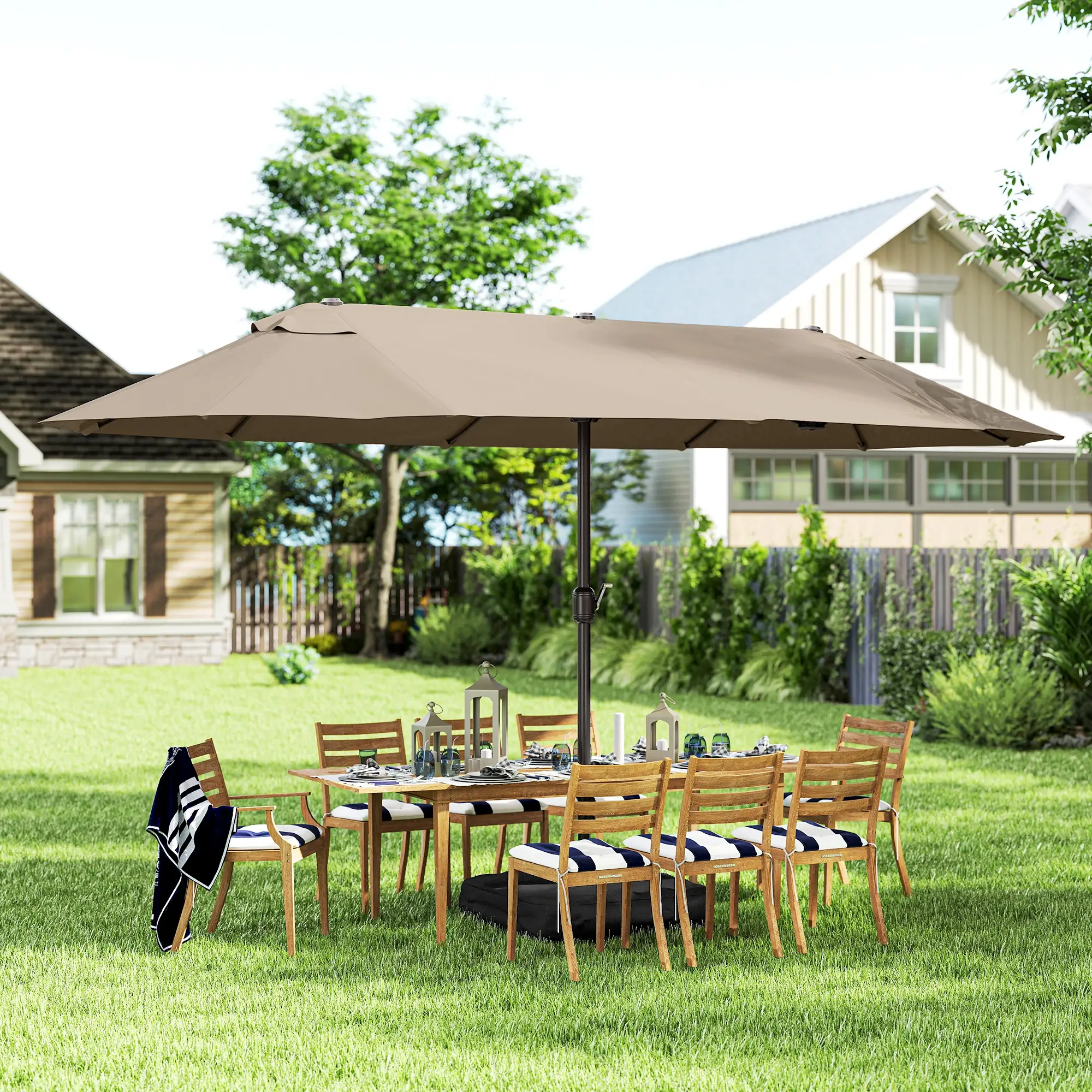 15' Outdoor Patio Umbrella, Twin Canopy, Lift Crank, Brown - Image 8