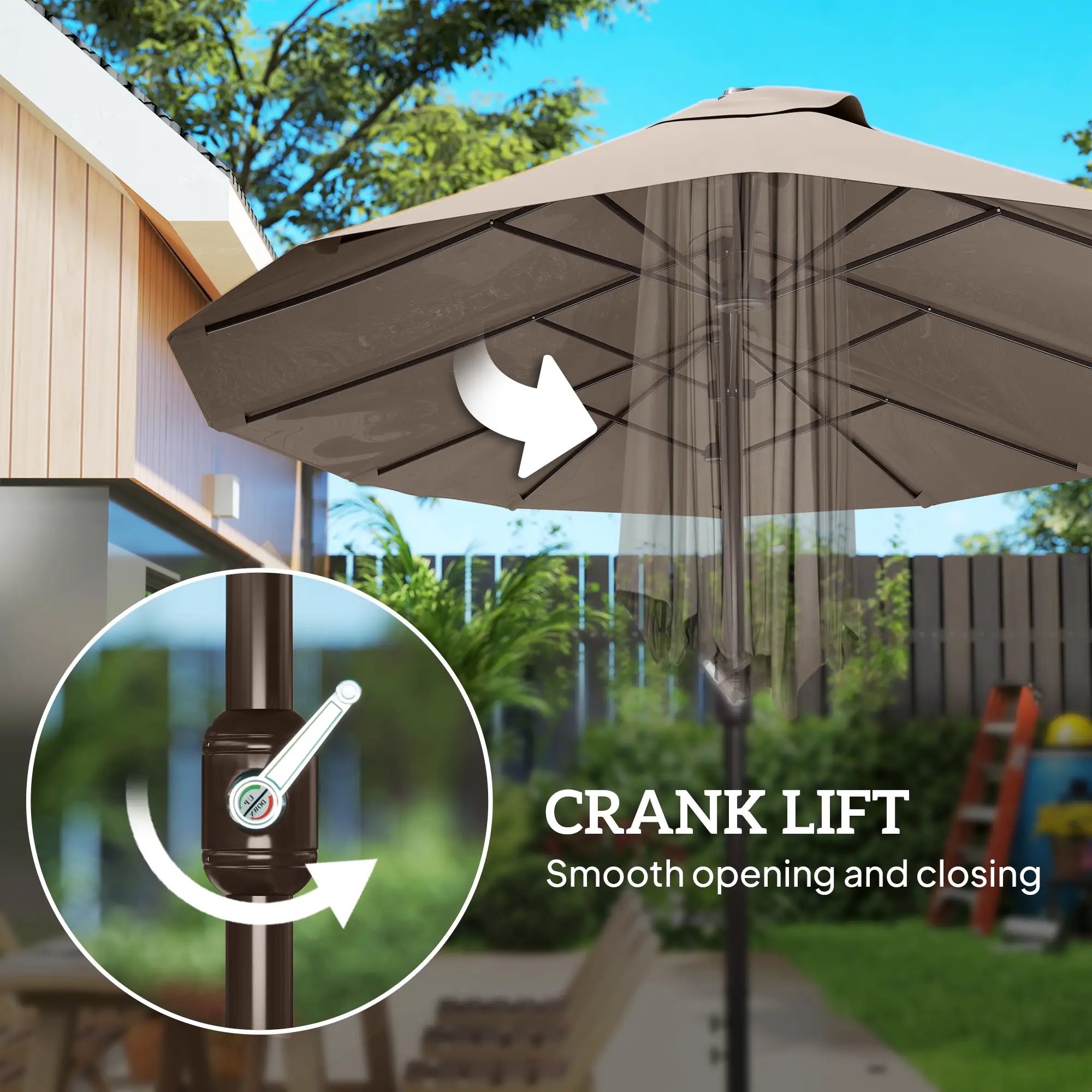 15' Outdoor Patio Umbrella, Twin Canopy, Lift Crank, Brown - Image 9