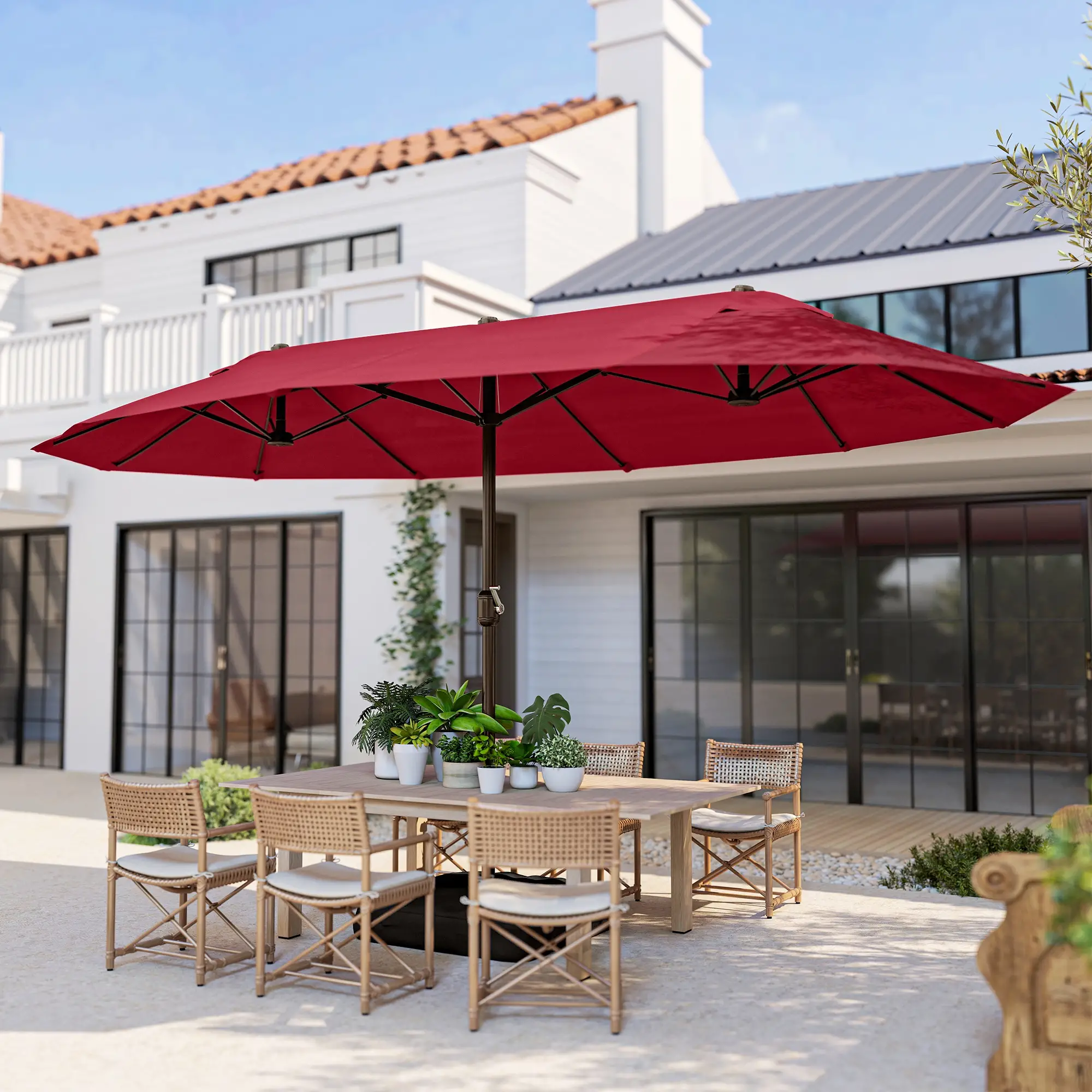 15' Outdoor Patio Umbrella, Twin Canopy Sunshade, Lift Crank, Wine Red - Image 10