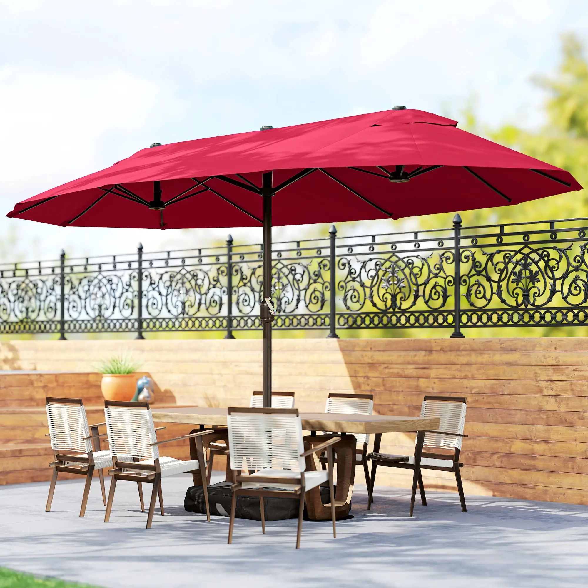 15' Outdoor Patio Umbrella, Twin Canopy Sunshade, Lift Crank, Wine Red - Image 2