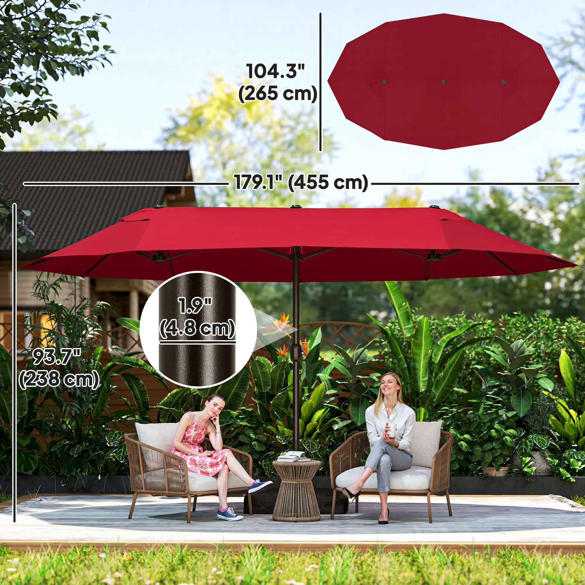 15' Outdoor Patio Umbrella, Twin Canopy Sunshade, Lift Crank, Wine Red - Image 3