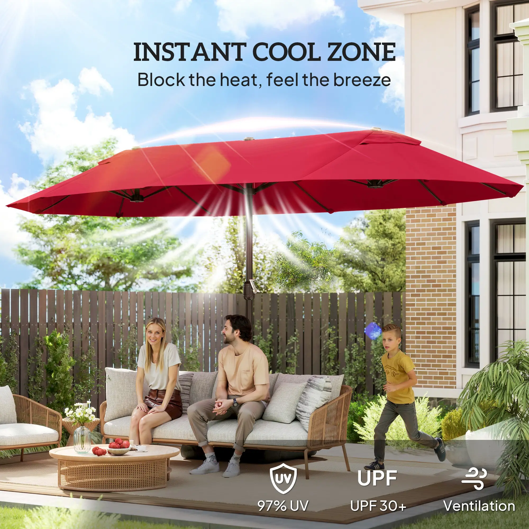 15' Outdoor Patio Umbrella, Twin Canopy Sunshade, Lift Crank, Wine Red - Image 5