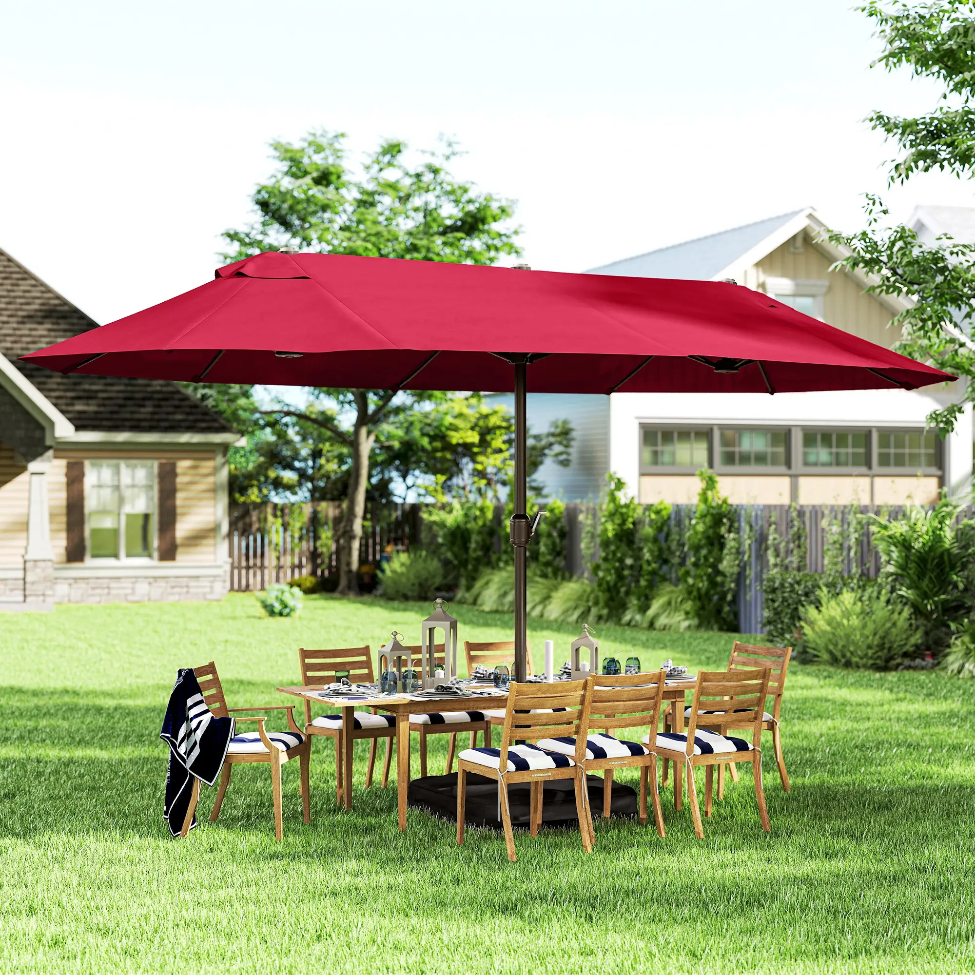 15' Outdoor Patio Umbrella, Twin Canopy Sunshade, Lift Crank, Wine Red - Image 8