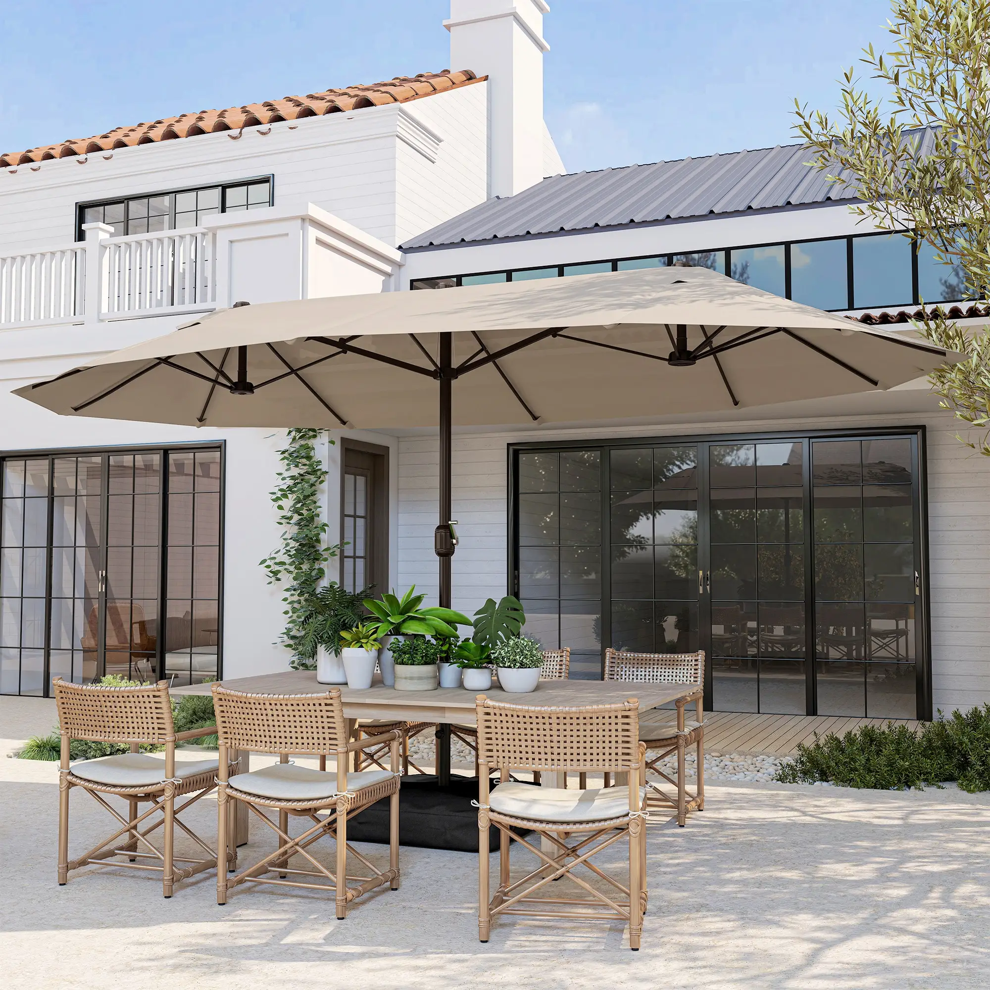 15' Outdoor Patio Umbrella, Twin Canopy Sunshade, Steel, Lift Crank, Khaki - Image 10