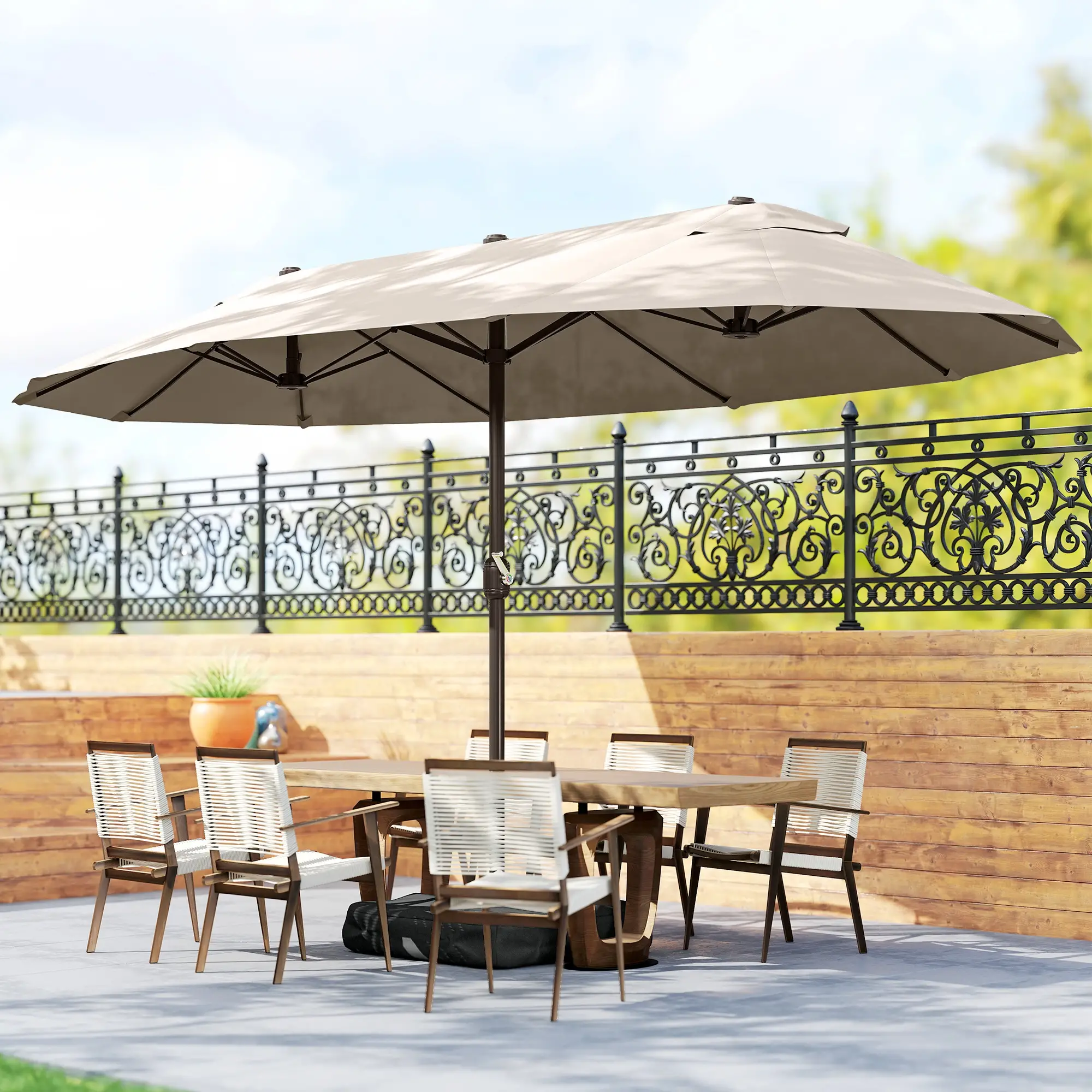 15' Outdoor Patio Umbrella, Twin Canopy Sunshade, Steel, Lift Crank, Khaki - Image 2