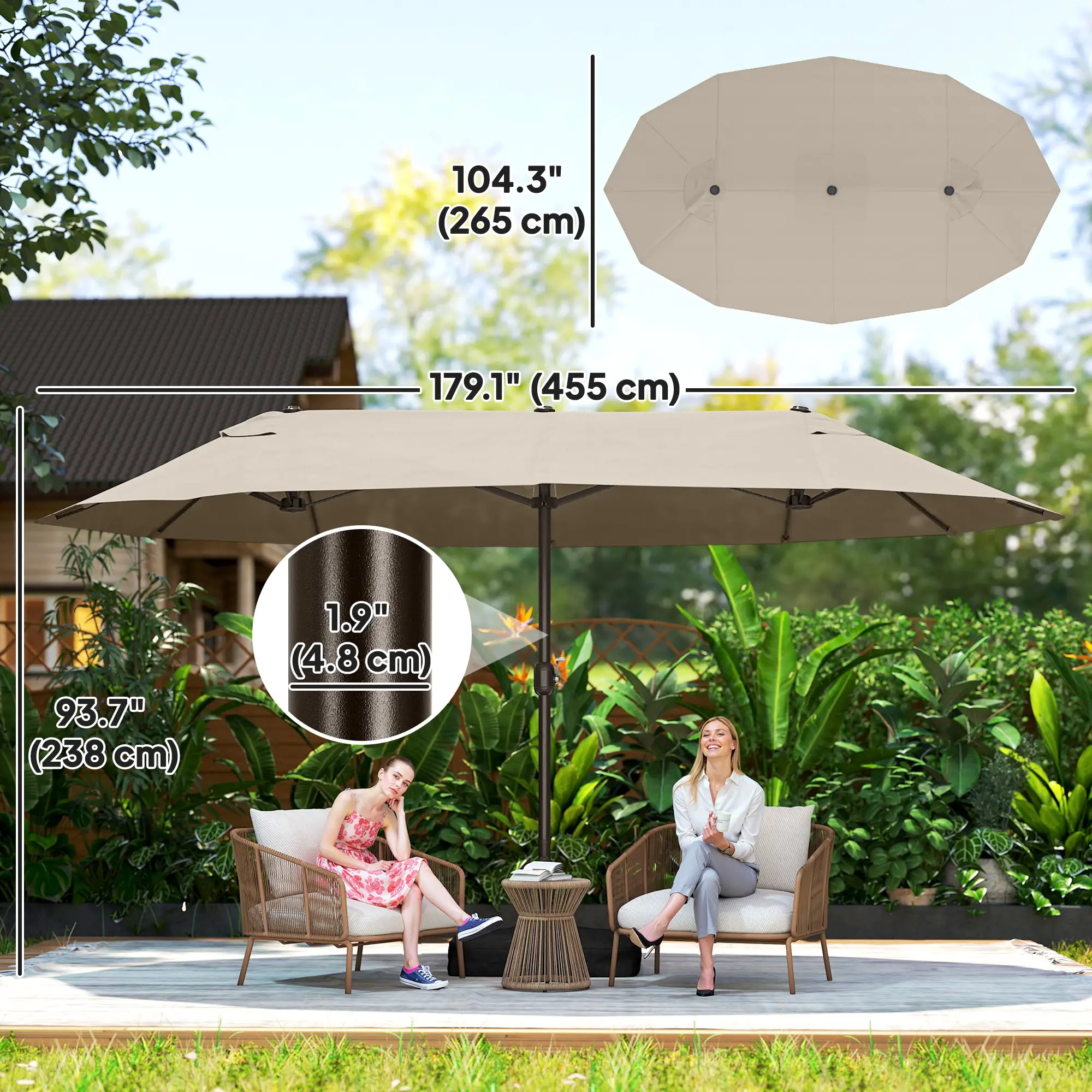 15' Outdoor Patio Umbrella, Twin Canopy Sunshade, Steel, Lift Crank, Khaki - Image 3
