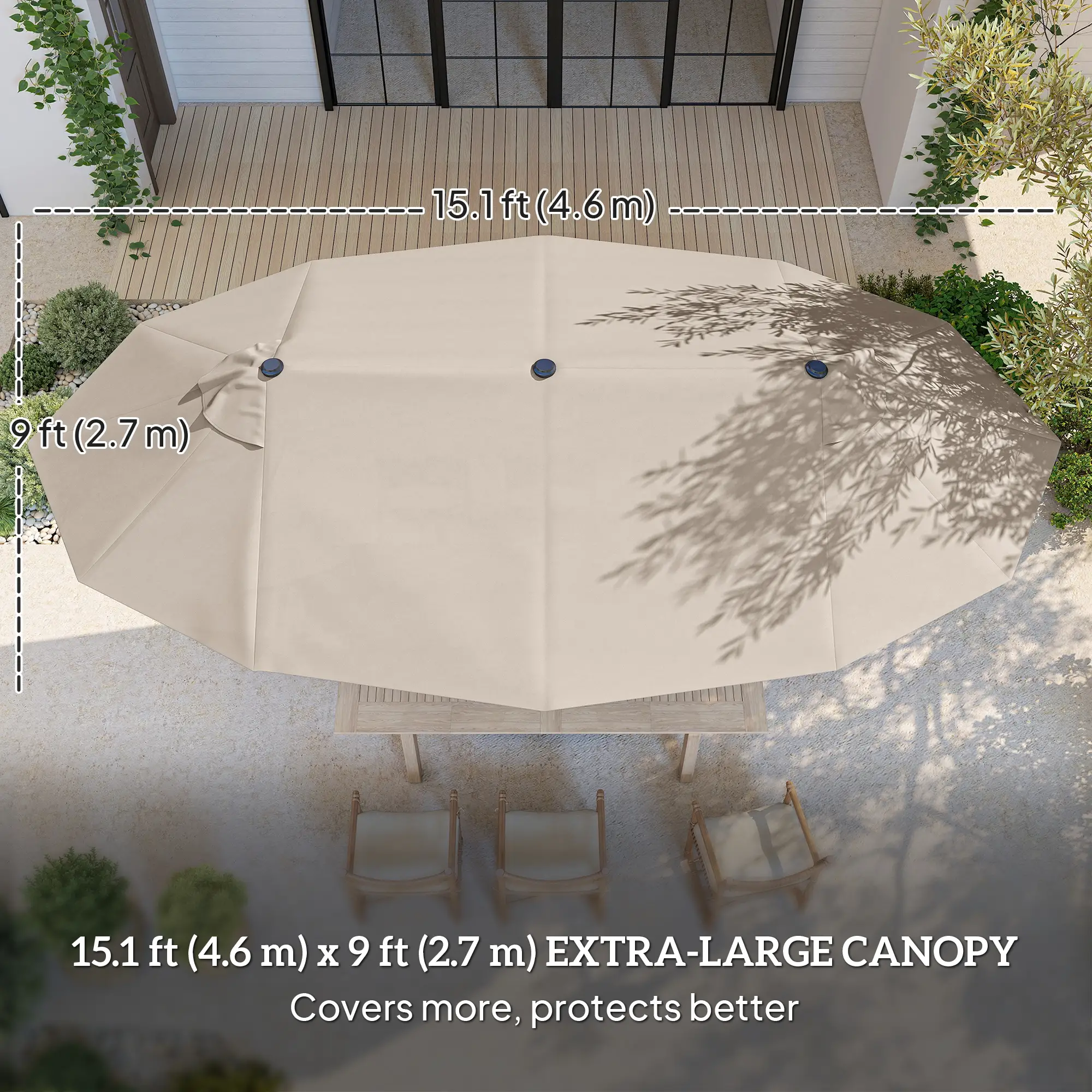 15' Outdoor Patio Umbrella, Twin Canopy Sunshade, Steel, Lift Crank, Khaki - Image 4