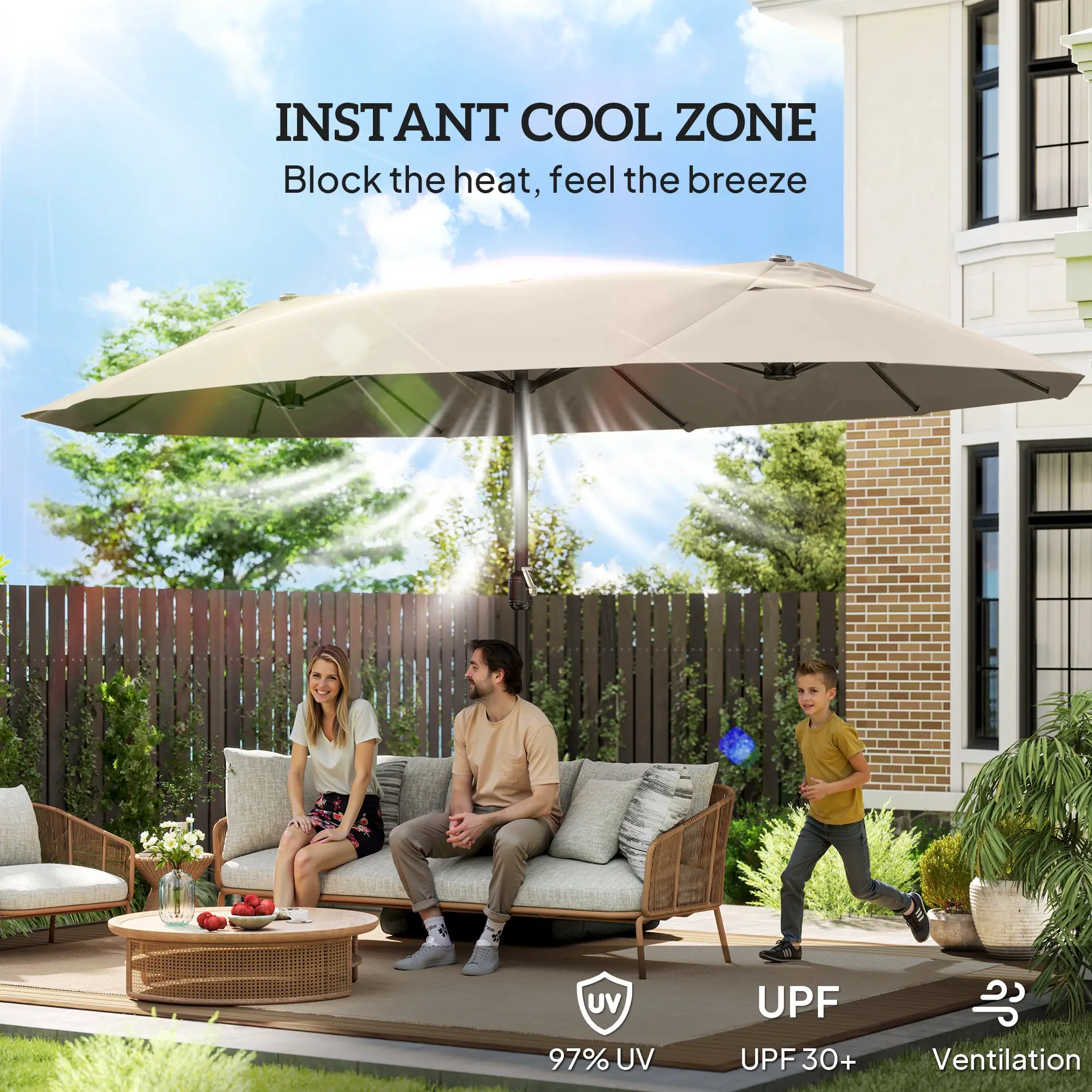 15' Outdoor Patio Umbrella, Twin Canopy Sunshade, Steel, Lift Crank, Khaki - Image 5