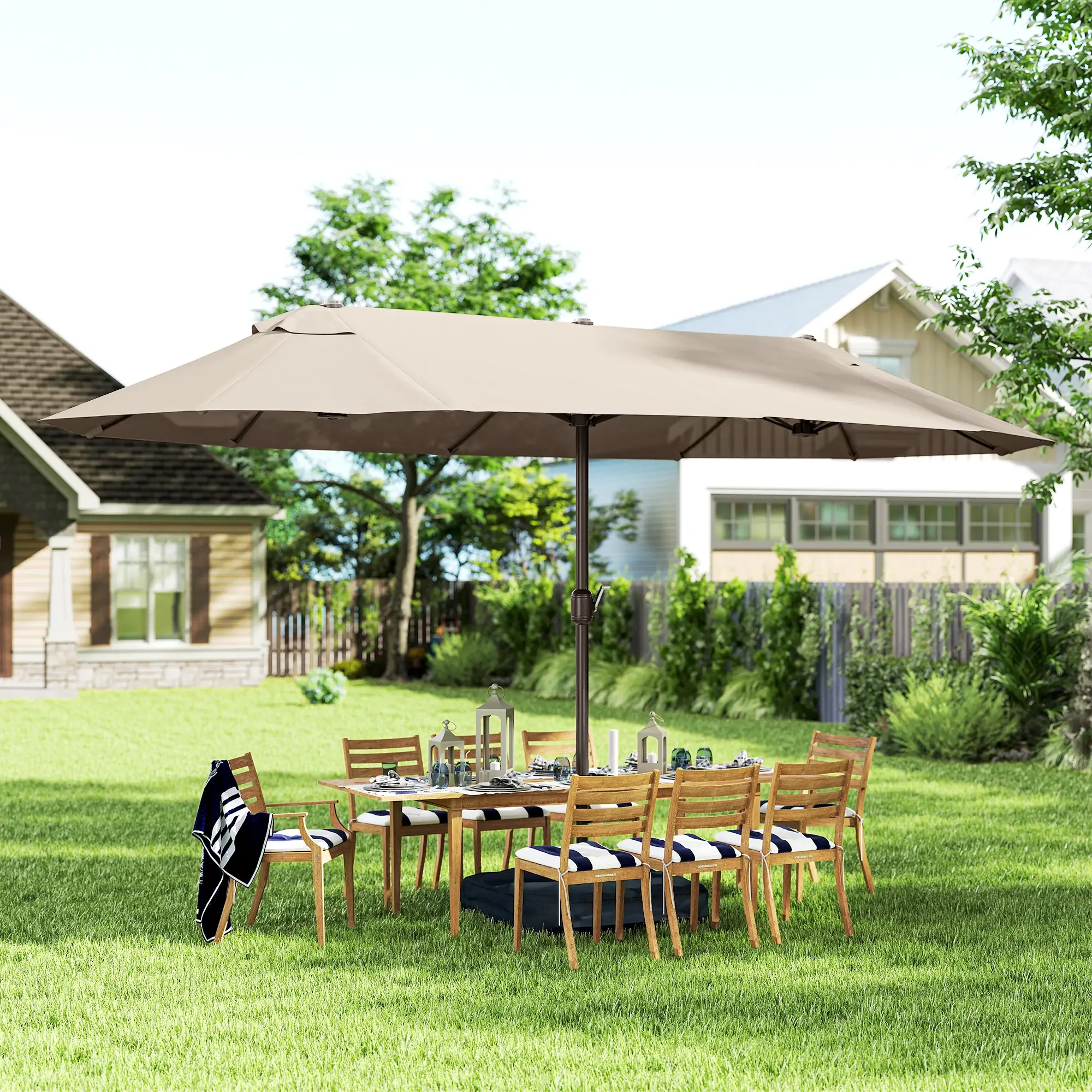15' Outdoor Patio Umbrella, Twin Canopy Sunshade, Steel, Lift Crank, Khaki - Image 8