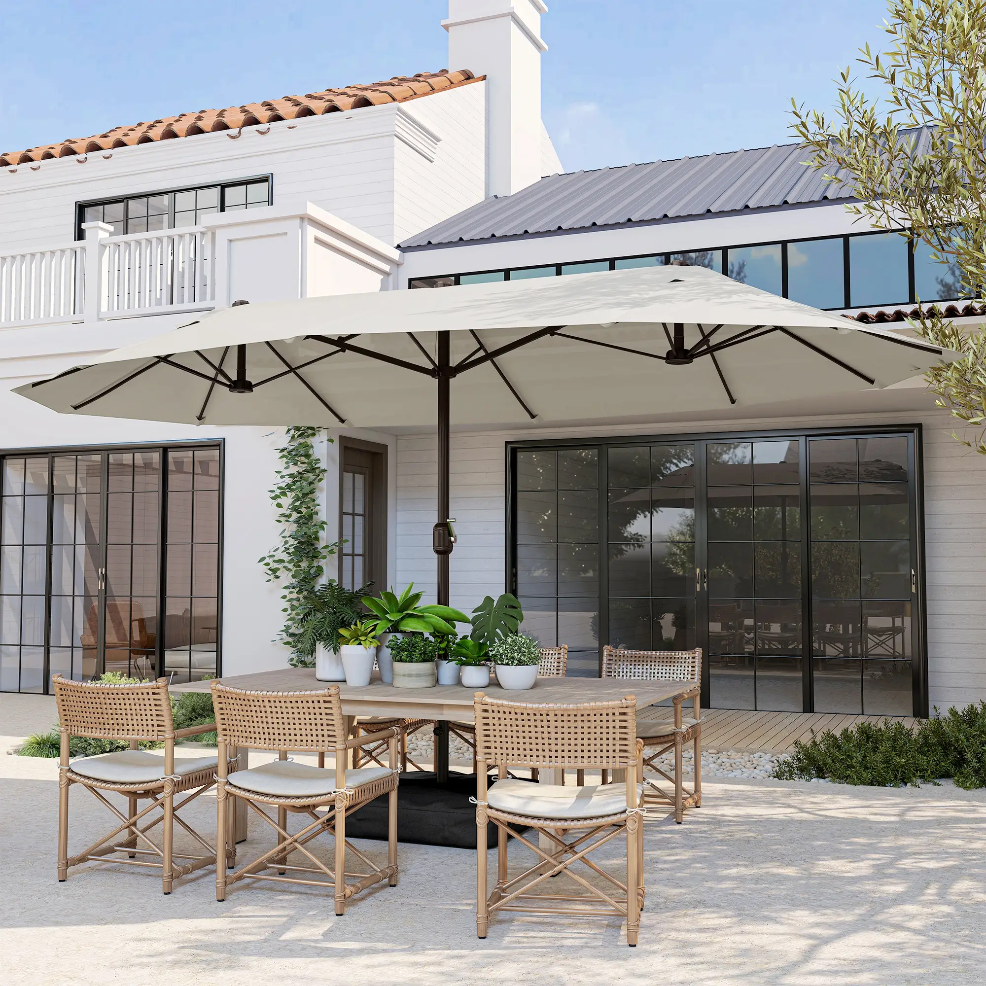 15' Outdoor Patio Umbrella, Twin Canopy Sunshade, Steel Table, Cream - Image 10