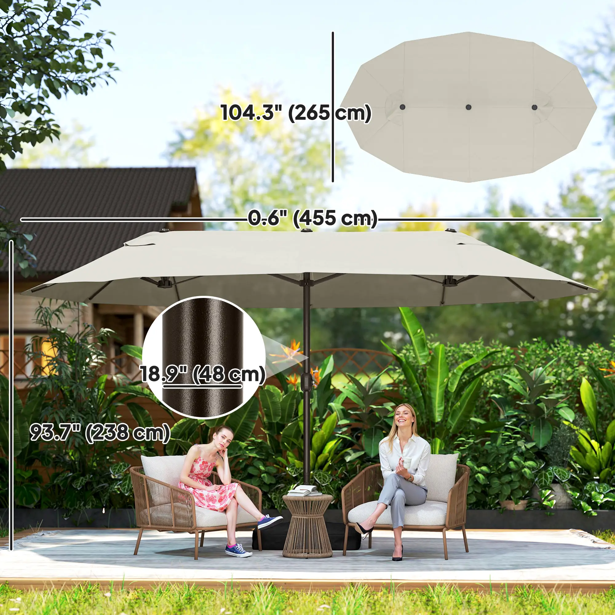 15' Outdoor Patio Umbrella, Twin Canopy Sunshade, Steel Table, Cream - Image 3