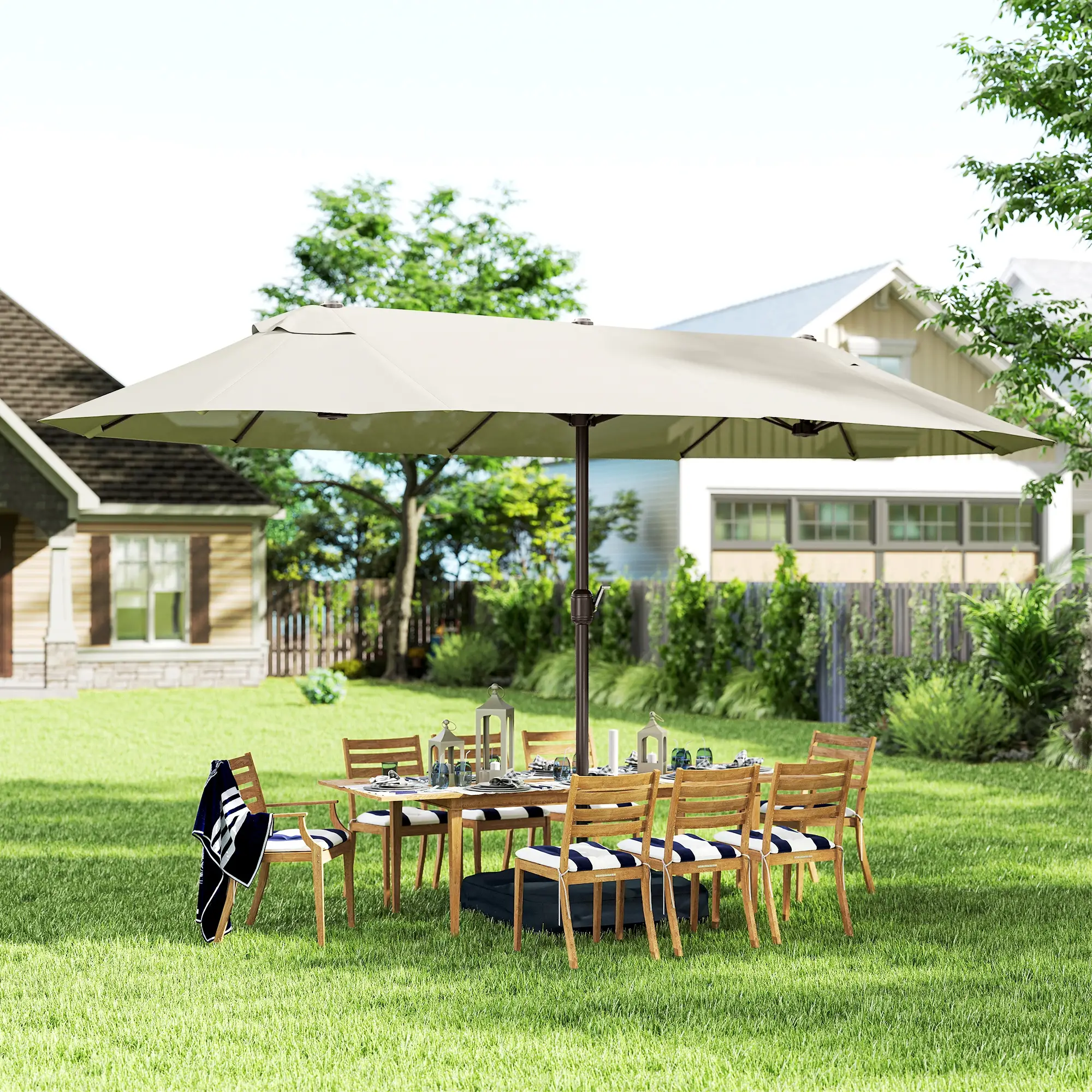 15' Outdoor Patio Umbrella, Twin Canopy Sunshade, Steel Table, Cream - Image 8