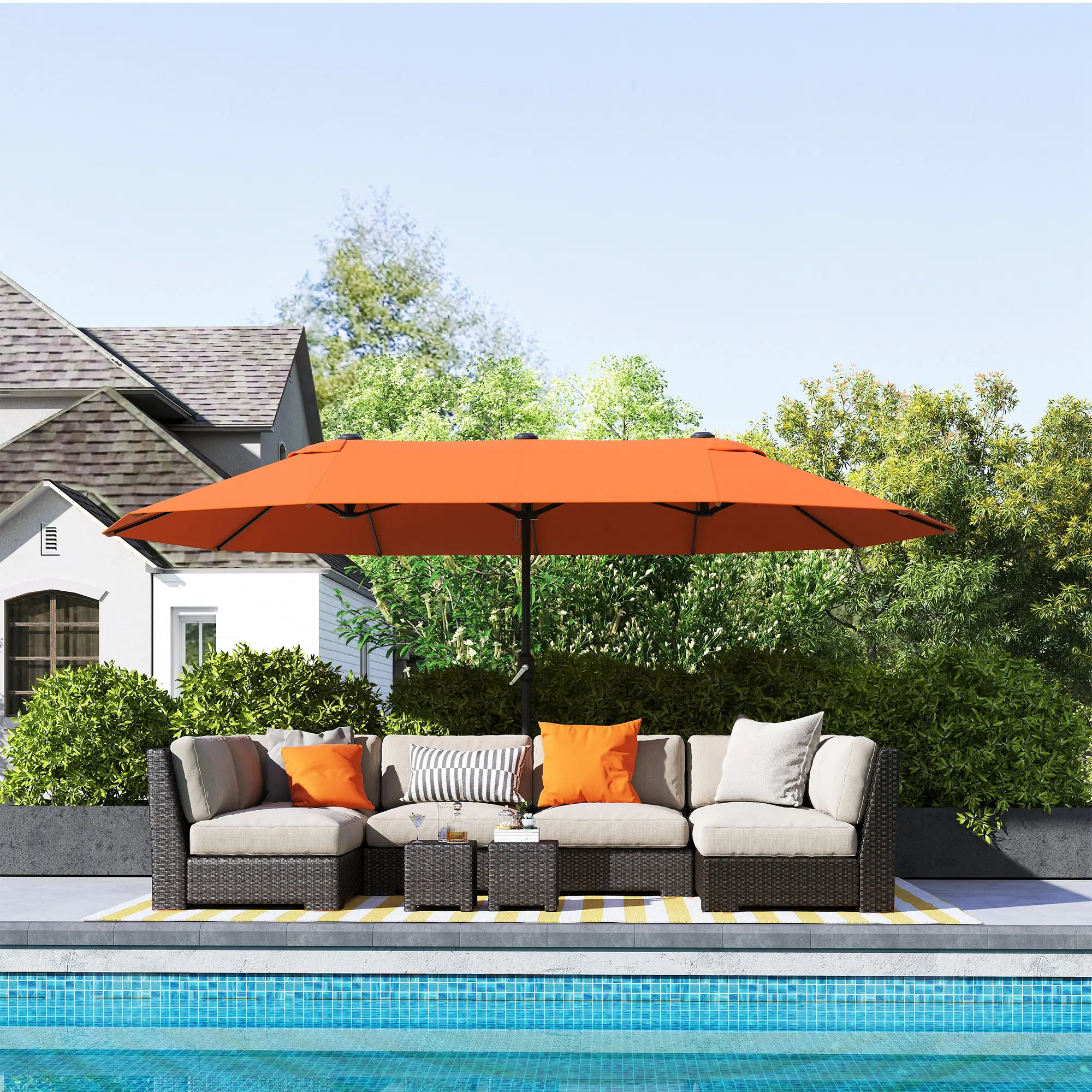 15' Outdoor Patio Umbrella, Twin Canopy Sunshade, Steel Table, Lift Crank, Orange - Image 10