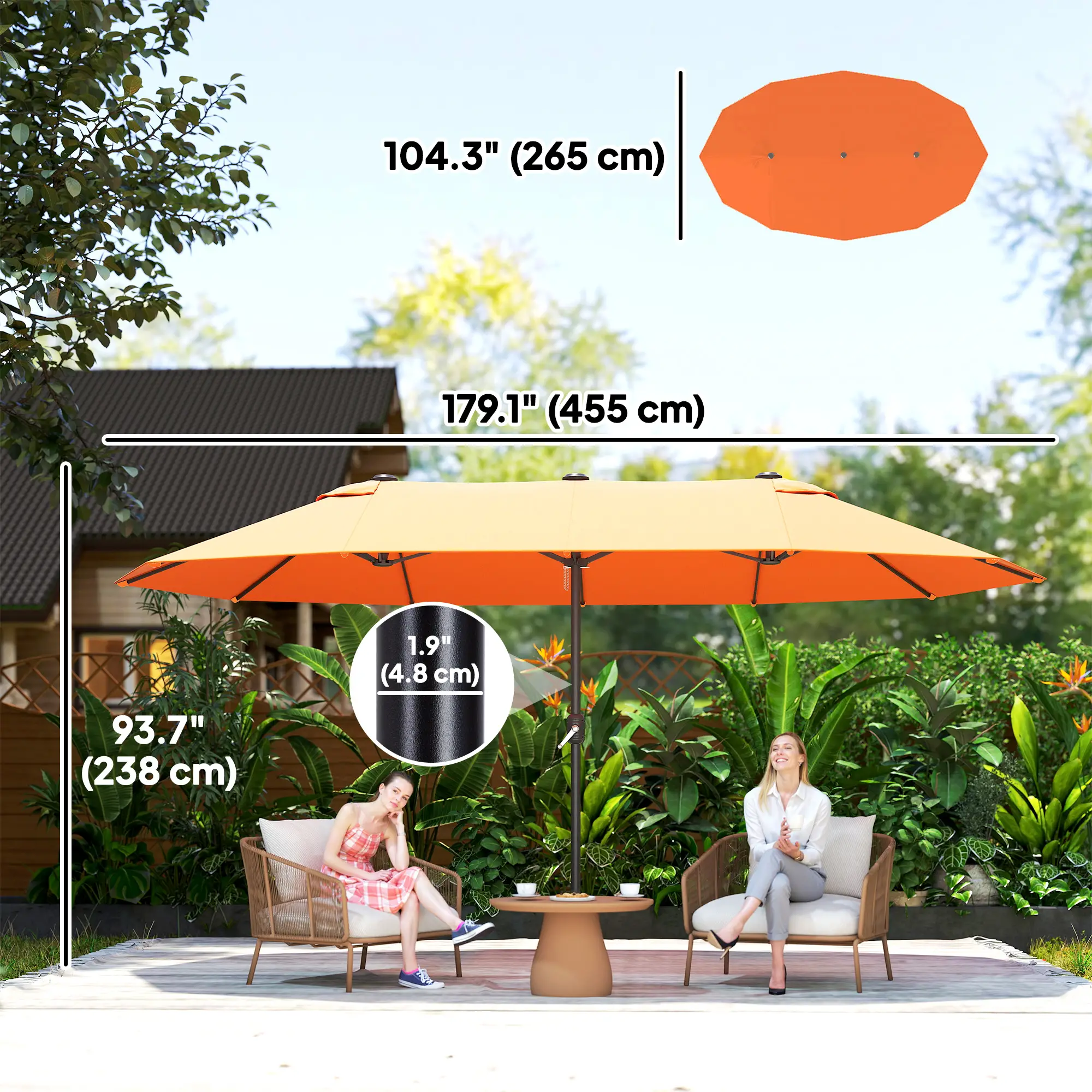 15' Outdoor Patio Umbrella, Twin Canopy Sunshade, Steel Table, Lift Crank, Orange - Image 3