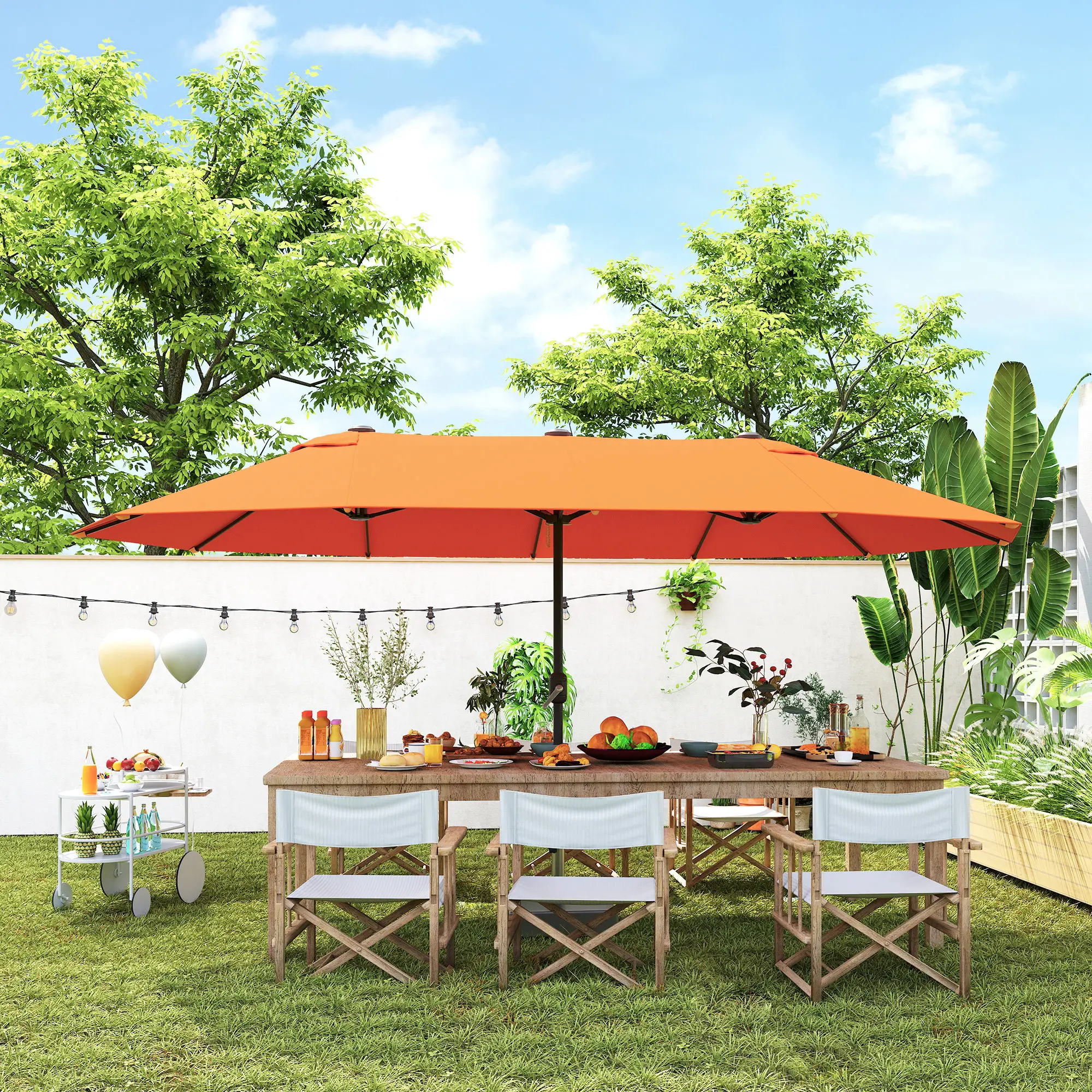 15' Outdoor Patio Umbrella, Twin Canopy Sunshade, Steel Table, Lift Crank, Orange - Image 8