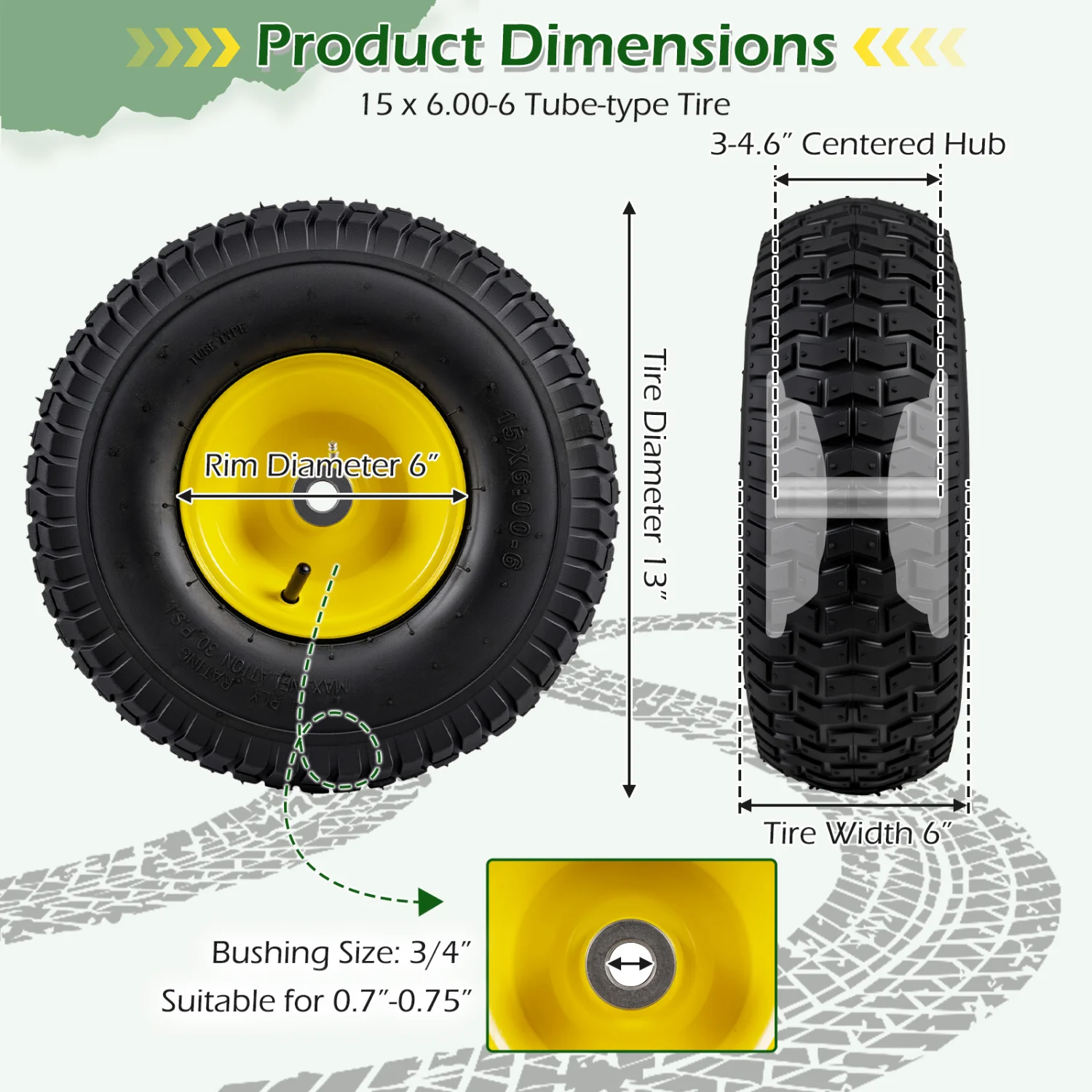 15 x 6.00-6 Tube-type Tires & Wheels 2 Pack 4 PR Tires, Yellow - Image 6