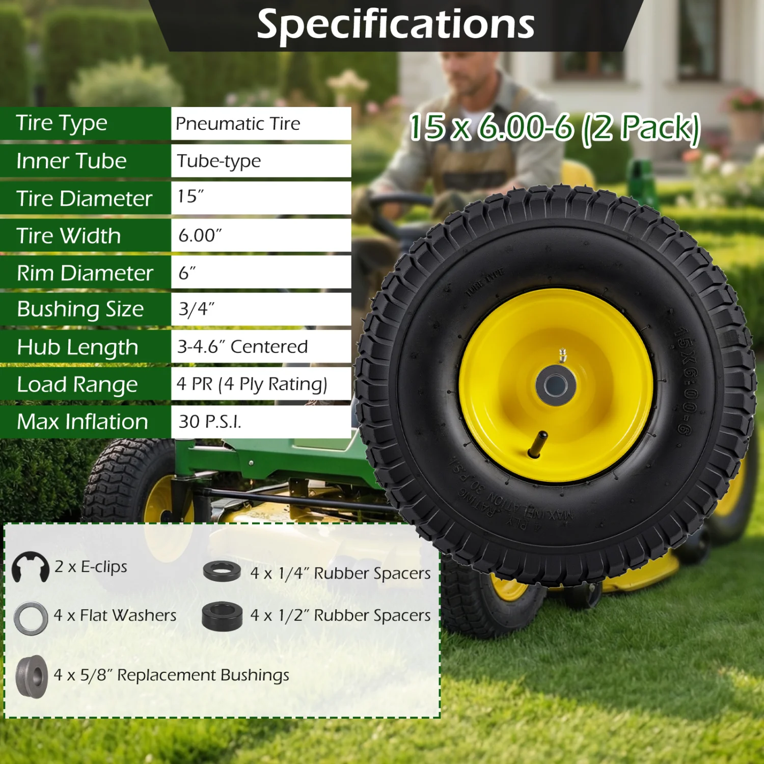 15 x 6.00-6 Tube-type Tires & Wheels 2 Pack 4 PR Tires, Yellow - Image 7