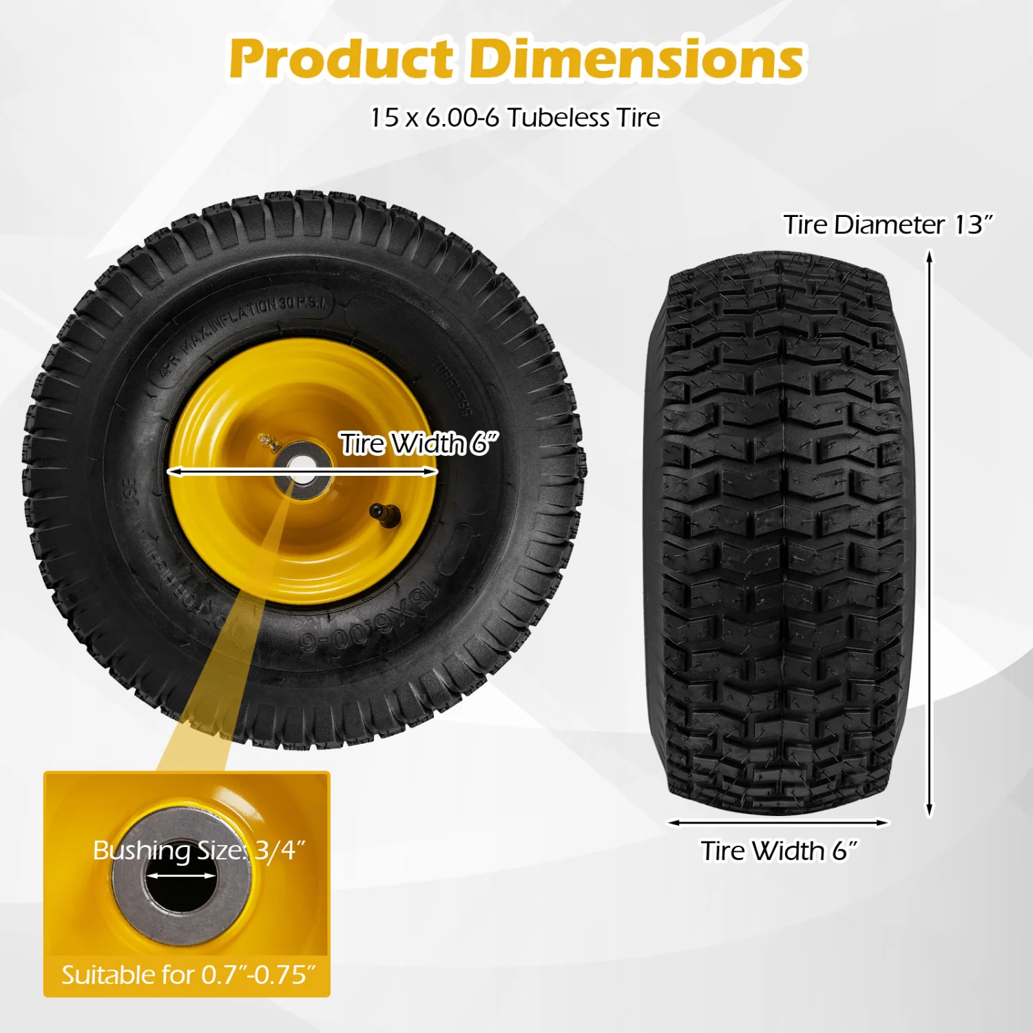 15 x 6.00-6 Tubeless Tires and Wheels 2 Pack 4 PR Tires, Yellow - Image 6