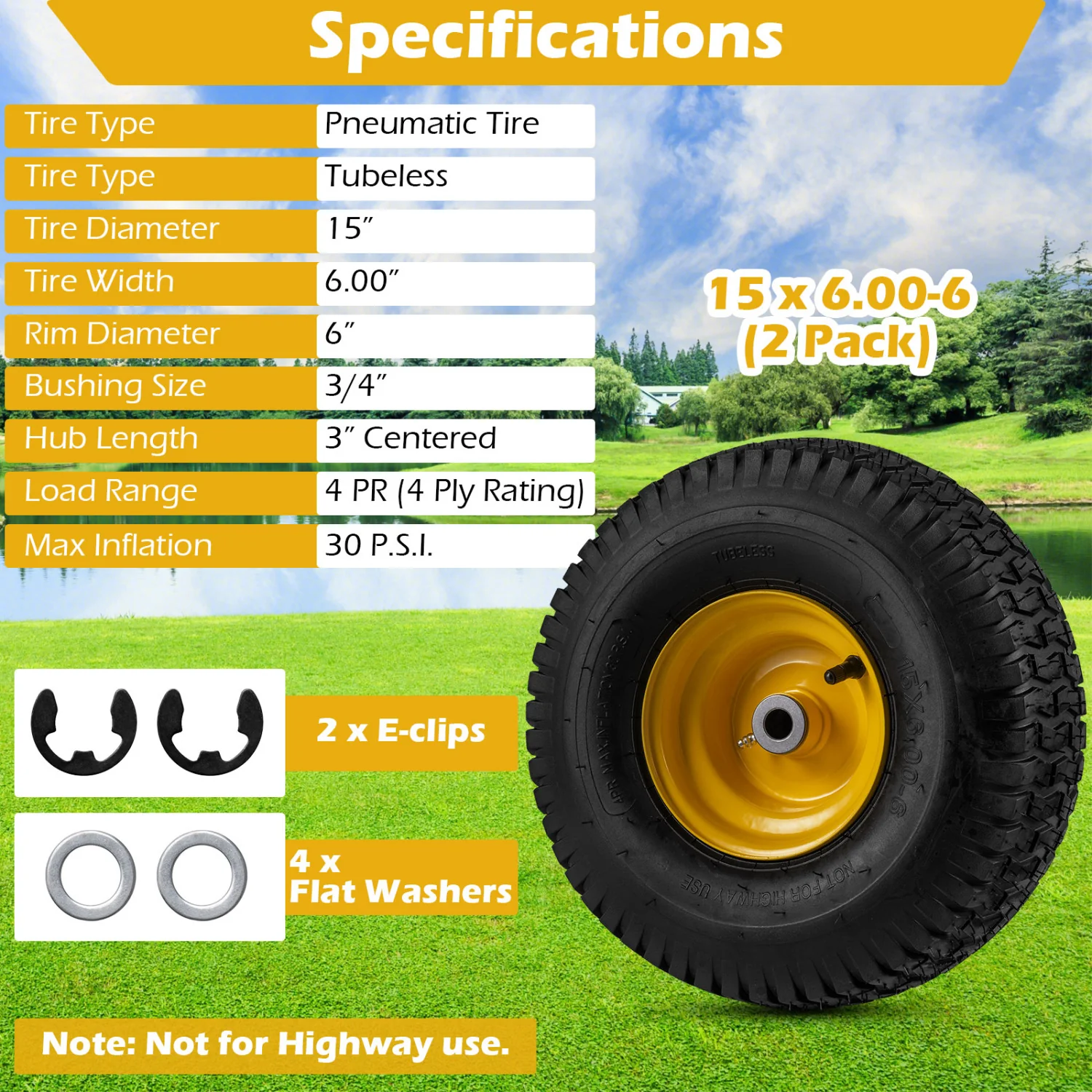 15 x 6.00-6 Tubeless Tires and Wheels 2 Pack 4 PR Tires, Yellow - Image 7