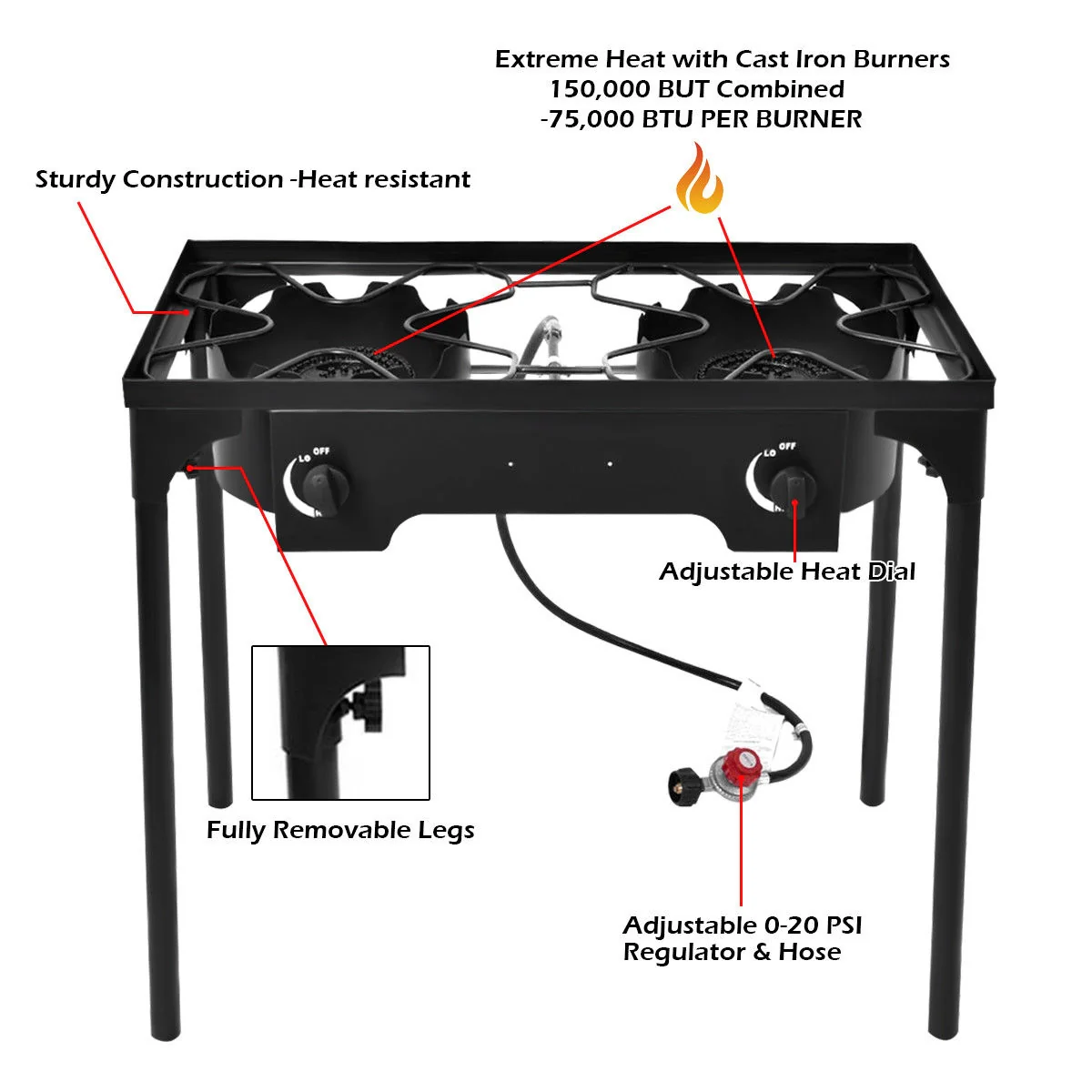150,000 BTU Double Burner Outdoor Stove BBQ Grill, Black - Image 8