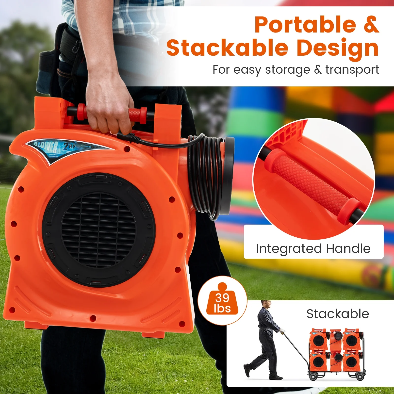 1500W 2 HP Commercial Air Blower, Giant Outdoor Inflatable Bounce House, Orange - Image 8