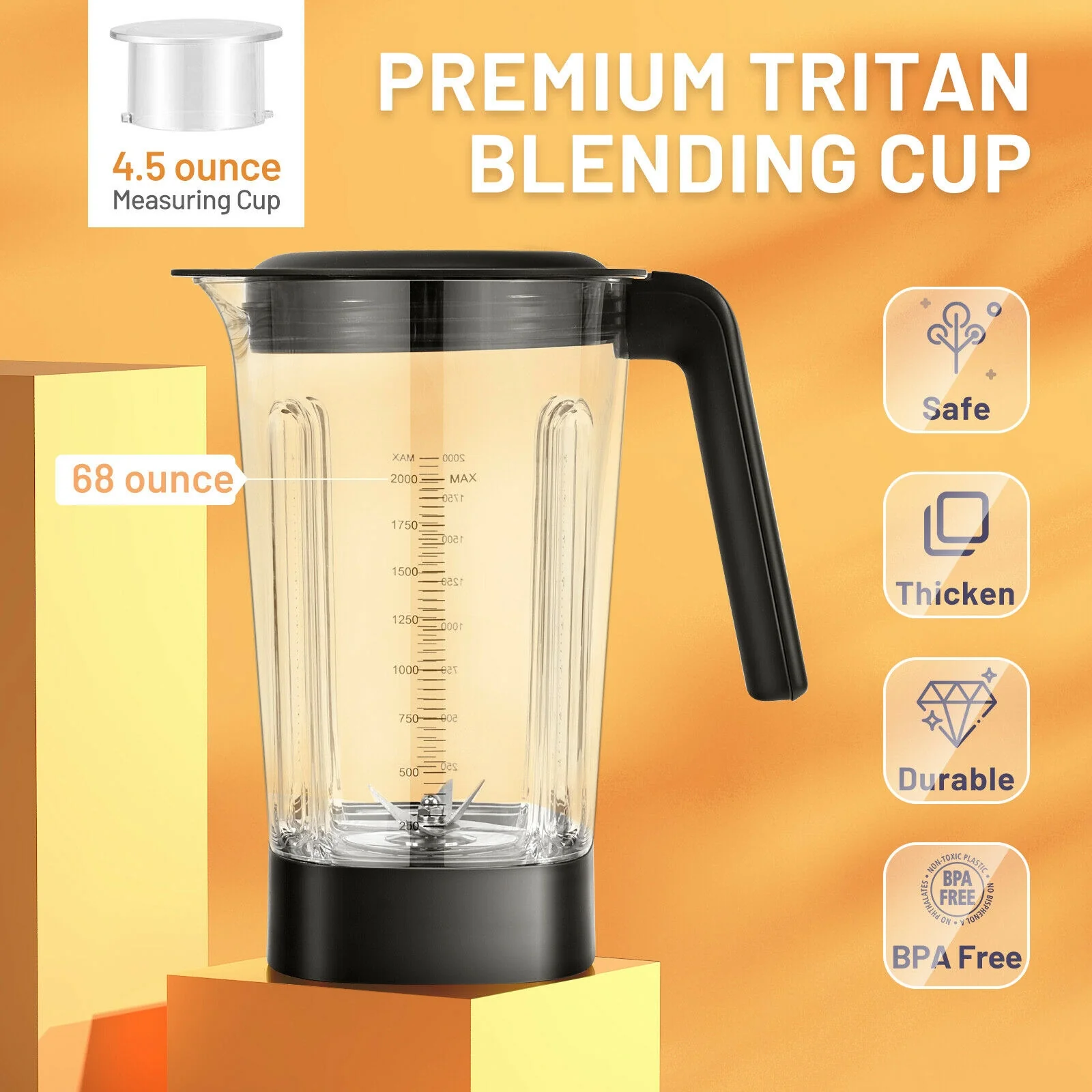 1500W 5-Speed Countertop Smoothie Blender, 68oz Tritan Jar, Silver - Image 8