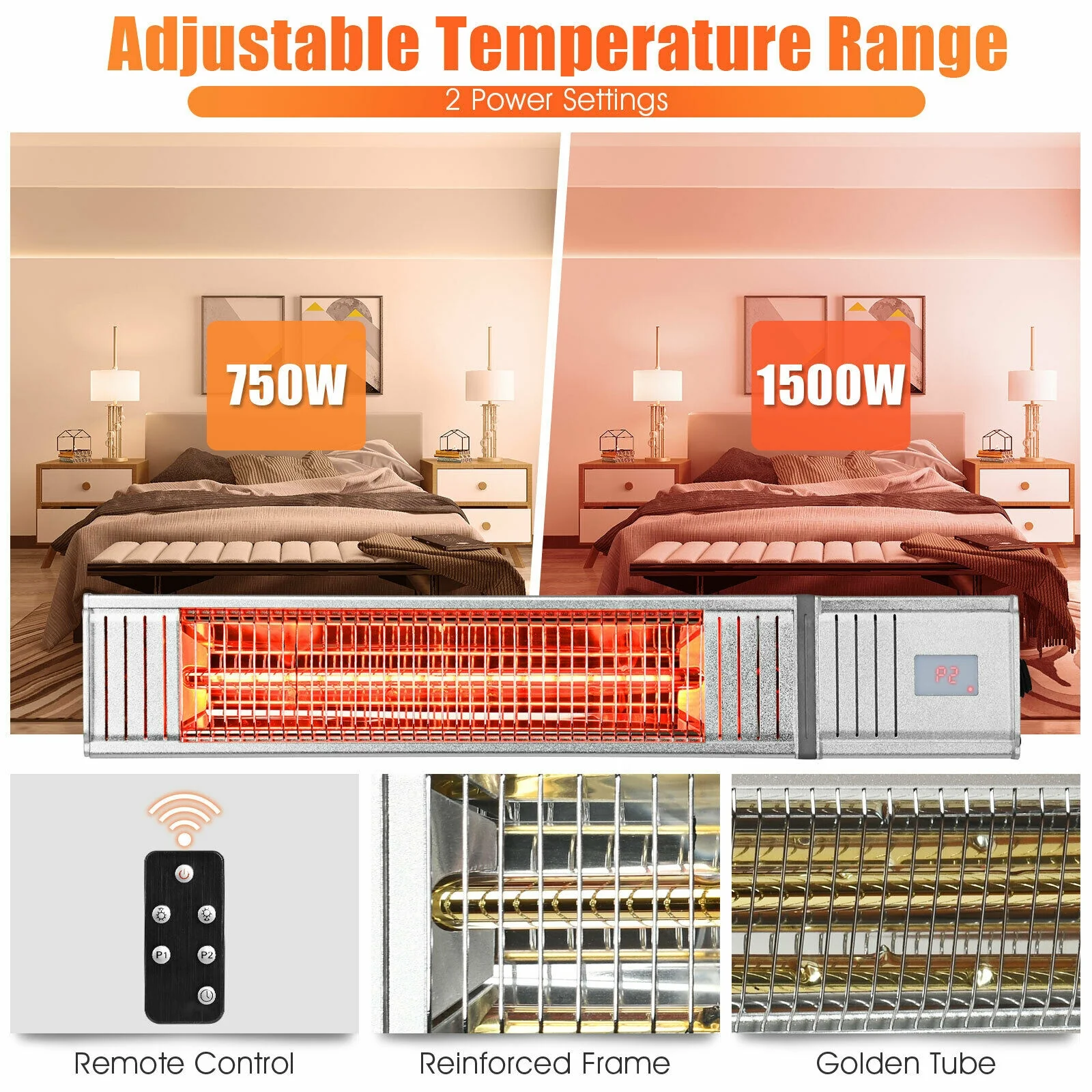 1500W Infrared Patio Heater, With Remote & Timer, Silver - Image 5