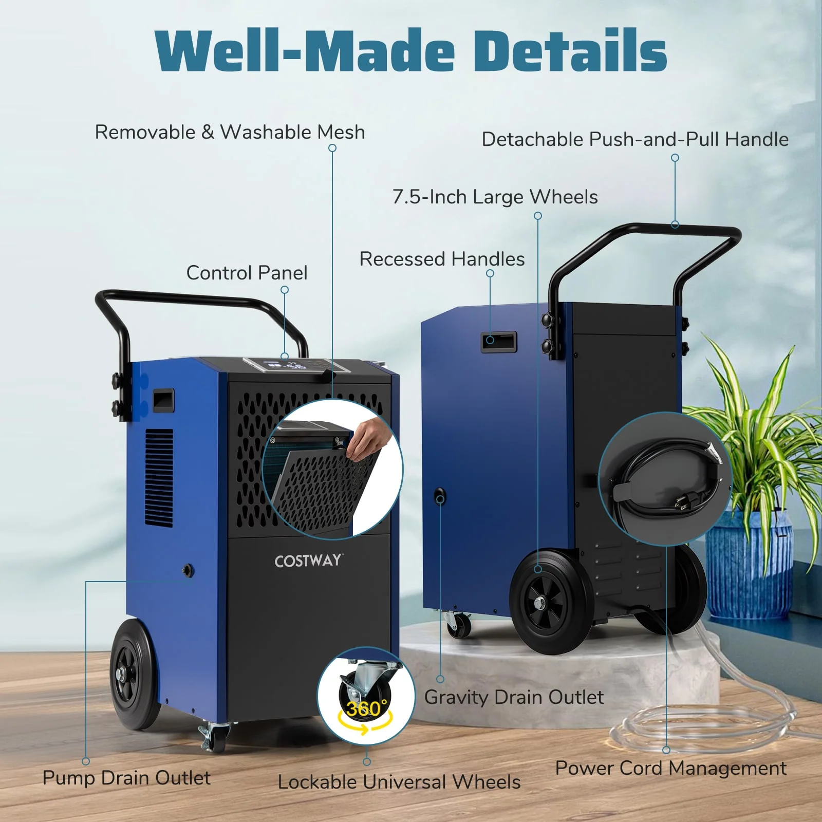 154 Pints Commercial Dehumidifier With Pump, Drain Hoses, Blue - Image 10