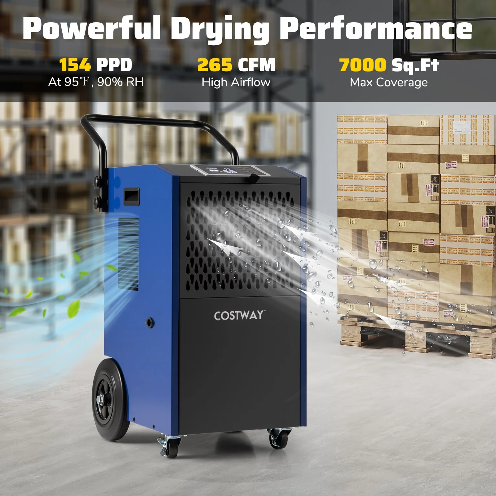 154 Pints Commercial Dehumidifier With Pump, Drain Hoses, Blue - Image 2