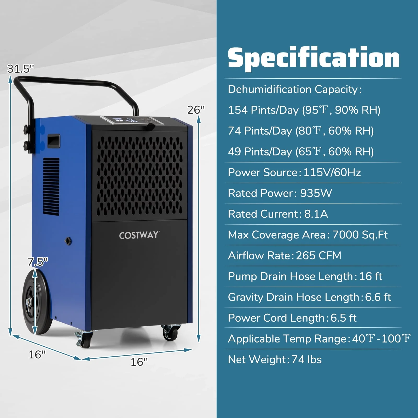 154 Pints Commercial Dehumidifier With Pump, Drain Hoses, Blue - Image 5