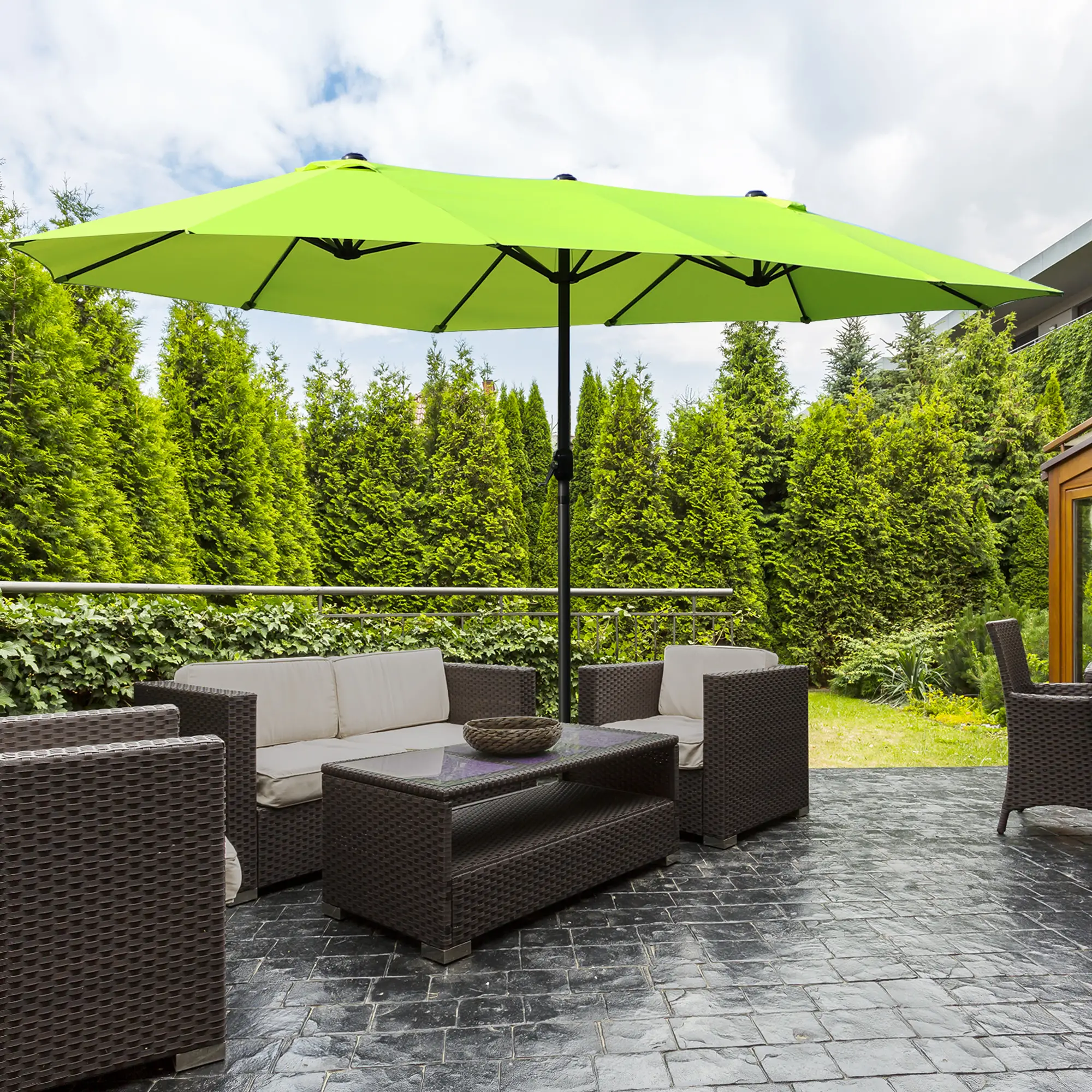15ft Double-Sided Patio Umbrella, Twin Canopy, Crank, Green - Image 2