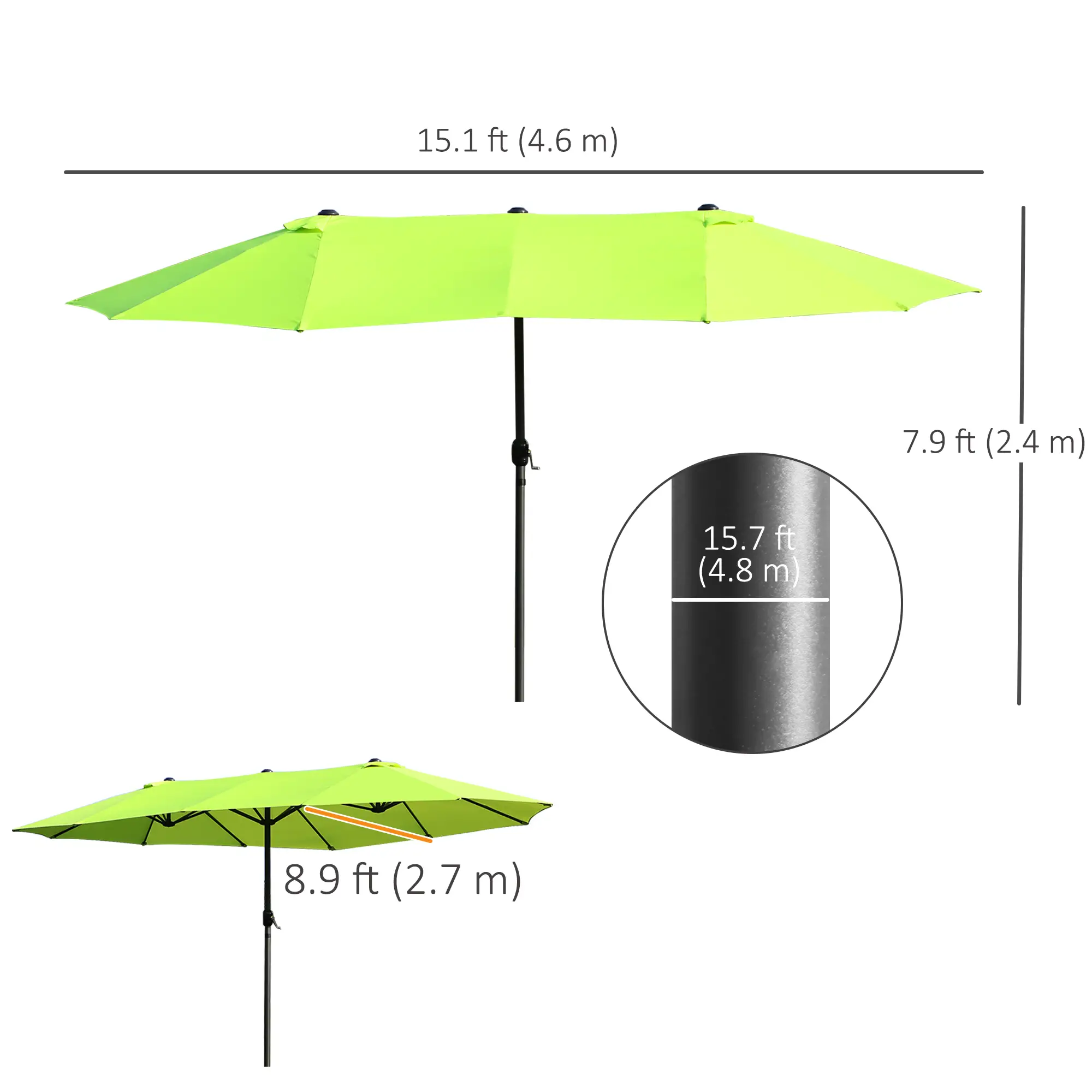 15ft Double-Sided Patio Umbrella, Twin Canopy, Crank, Green - Image 3