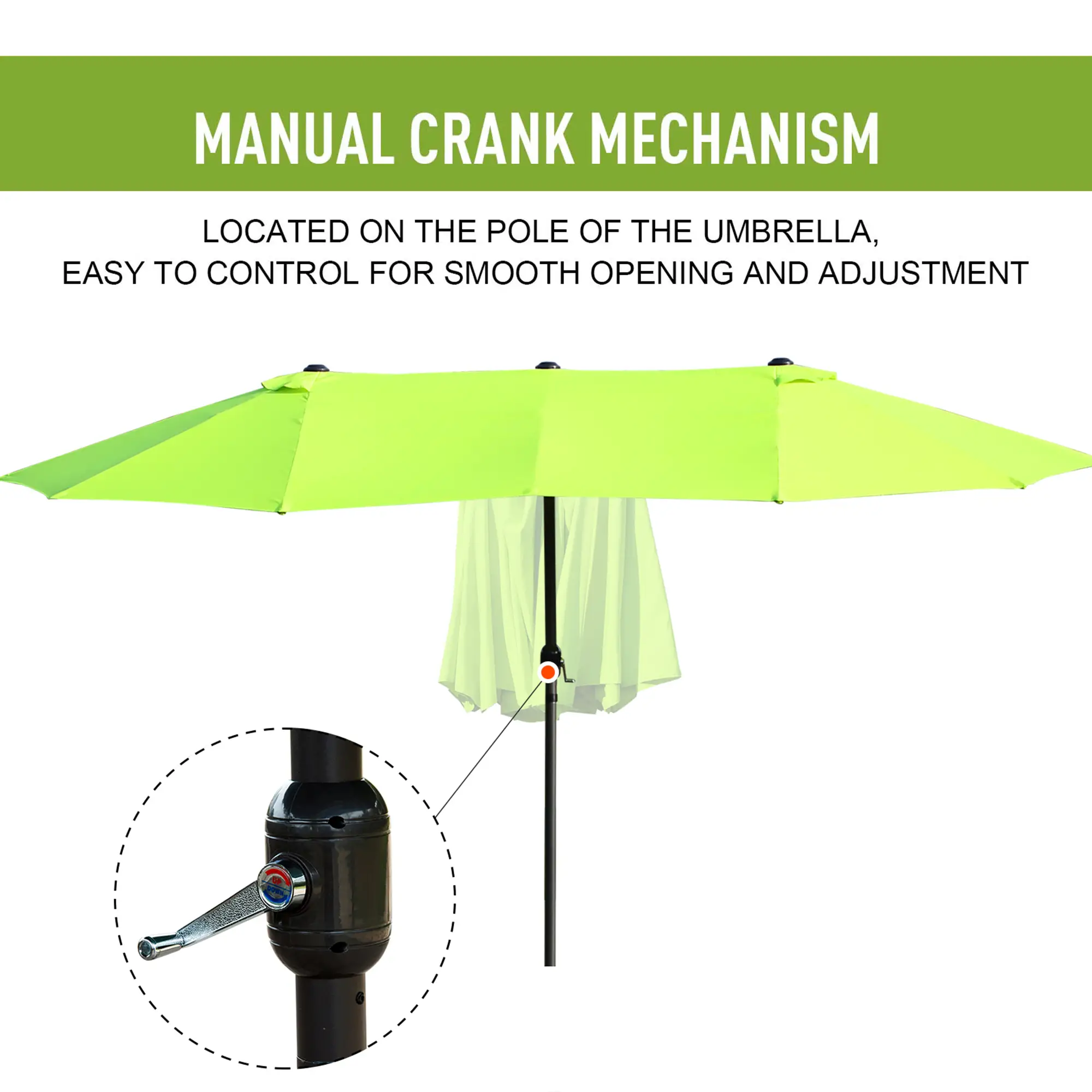 15ft Double-Sided Patio Umbrella, Twin Canopy, Crank, Green - Image 5