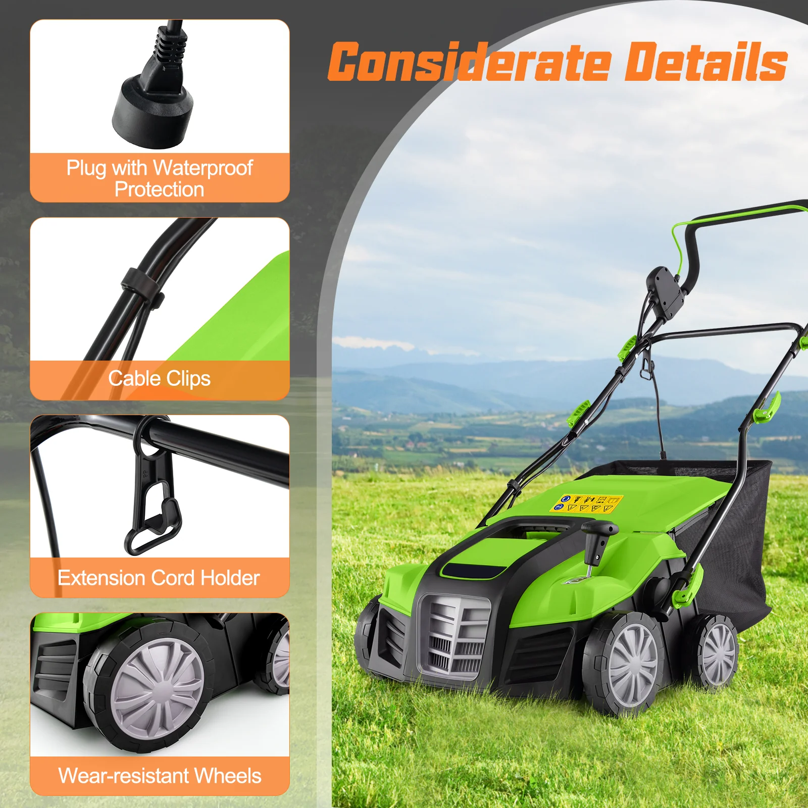 16-Inch Electric Lawn Dethatcher, Scarifier, Green - Image 6