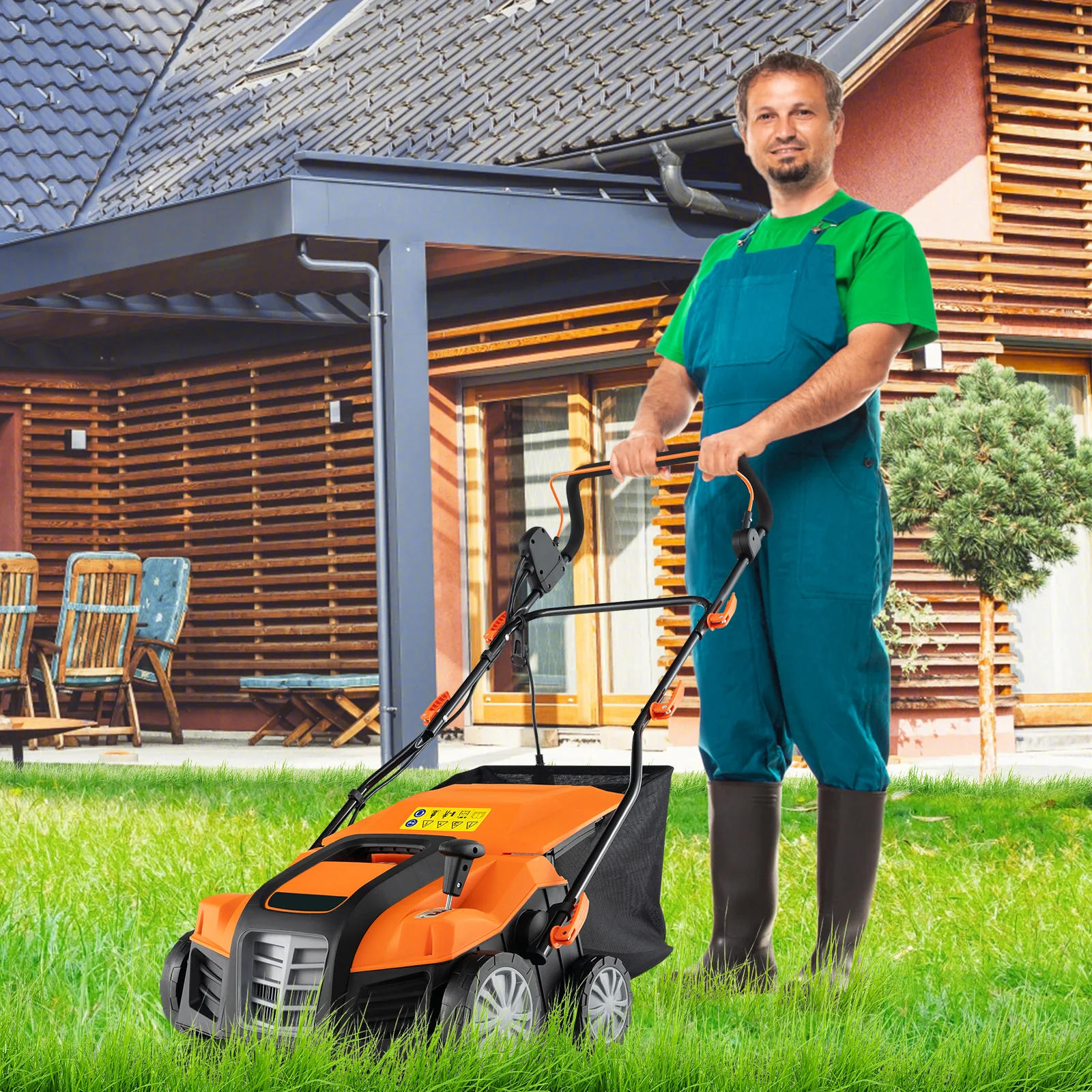 16-Inch Electric Lawn Dethatcher, Scarifier With Collection Bag, Orange - Image 2